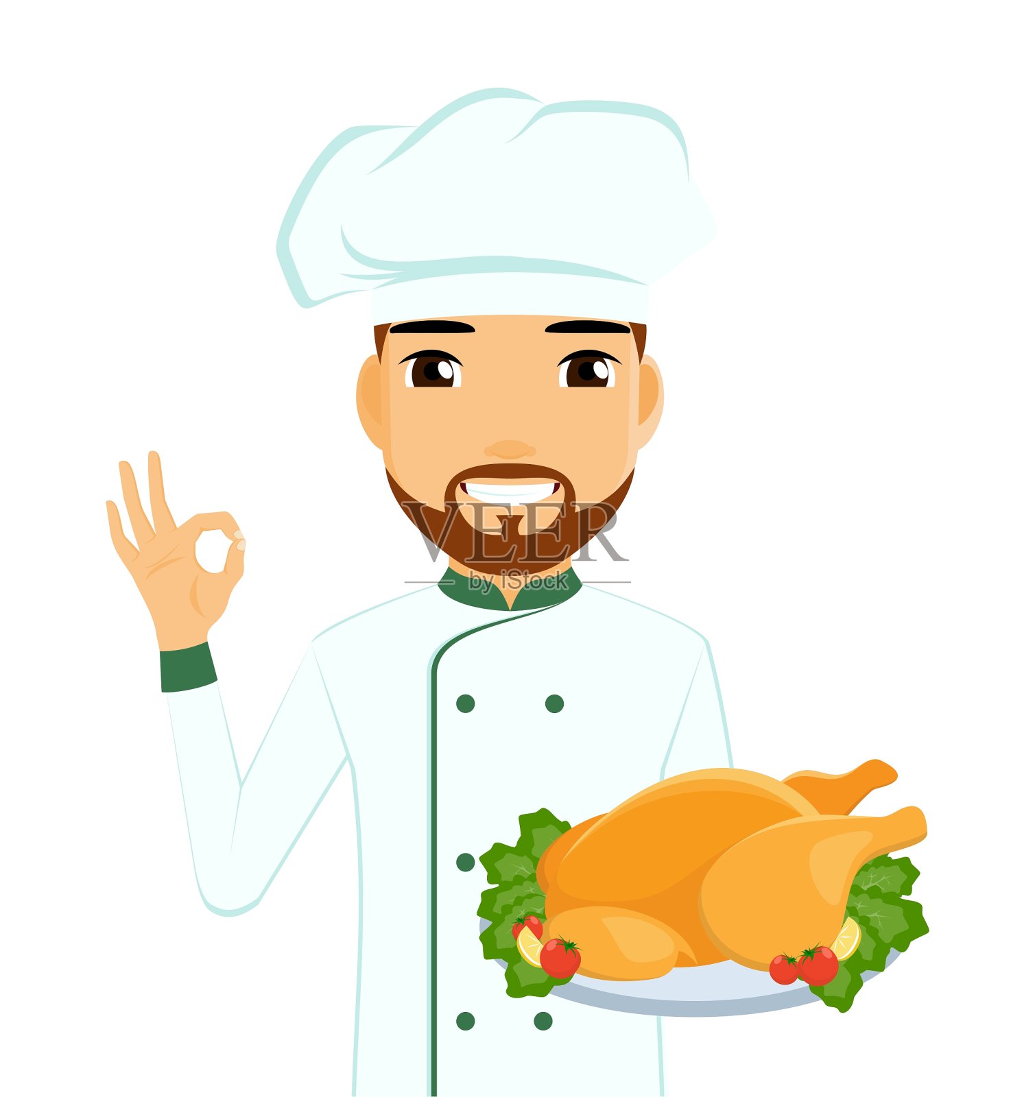厨师手里拿着一道菜，专业的烹饪技巧。白色背景上的扁平风格。卡通插画图片素材