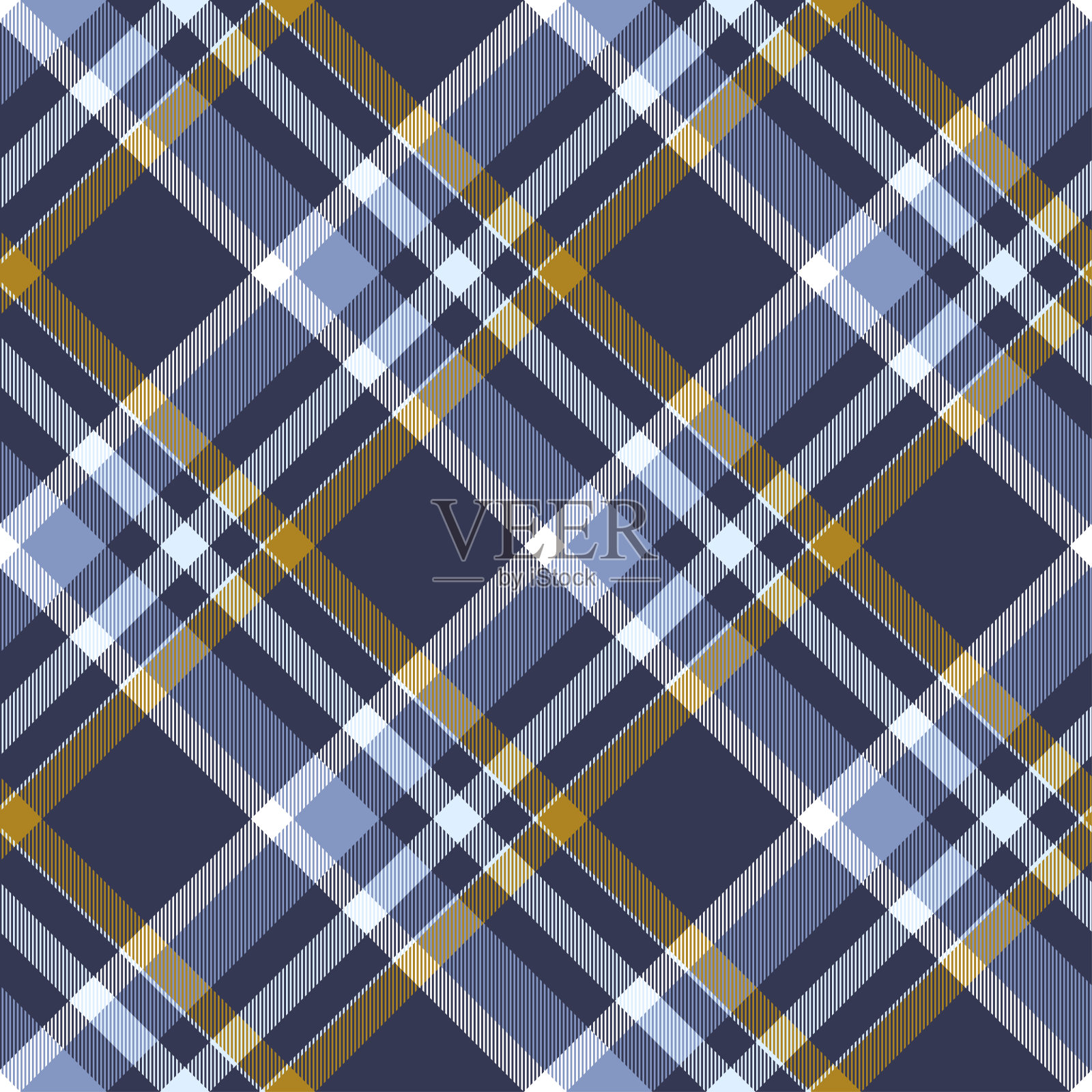 无缝格子图案在蓝色，海军蓝，芥末和白色。沿对角线重复。插画图片素材