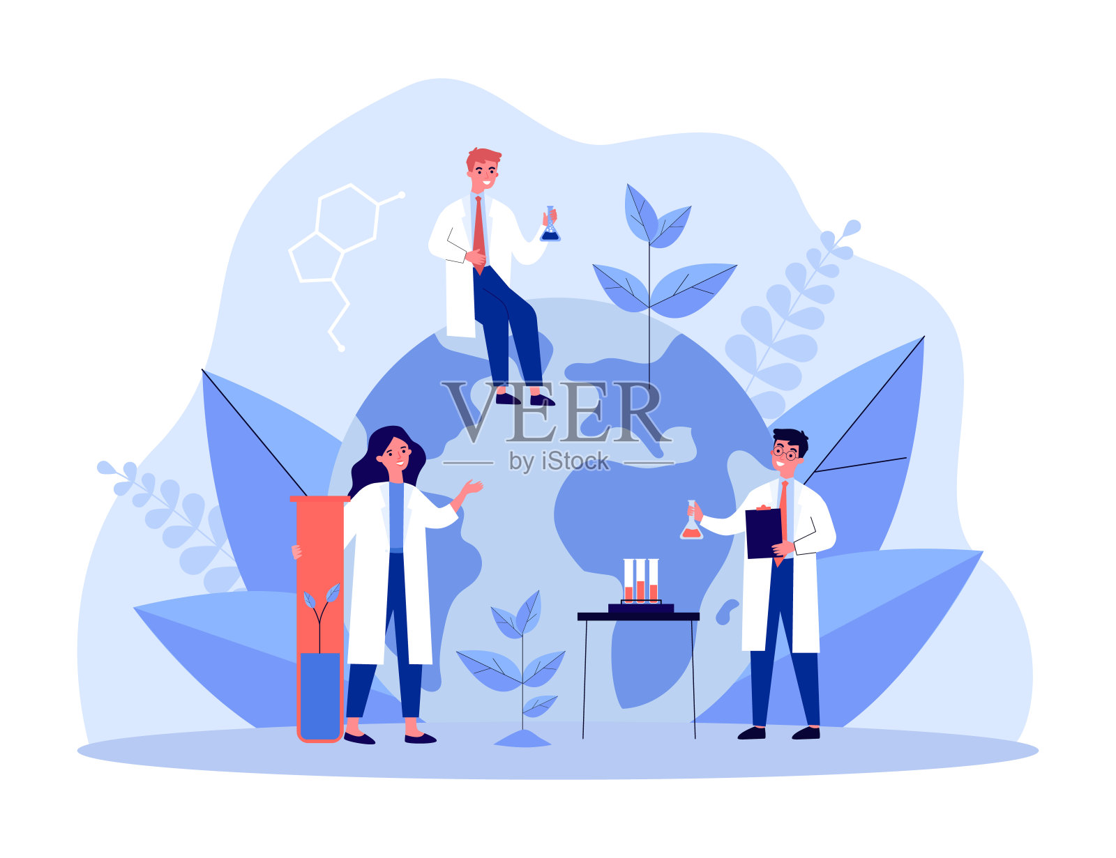 科学家们在实验室的烧瓶里培育植物的芽插画图片素材