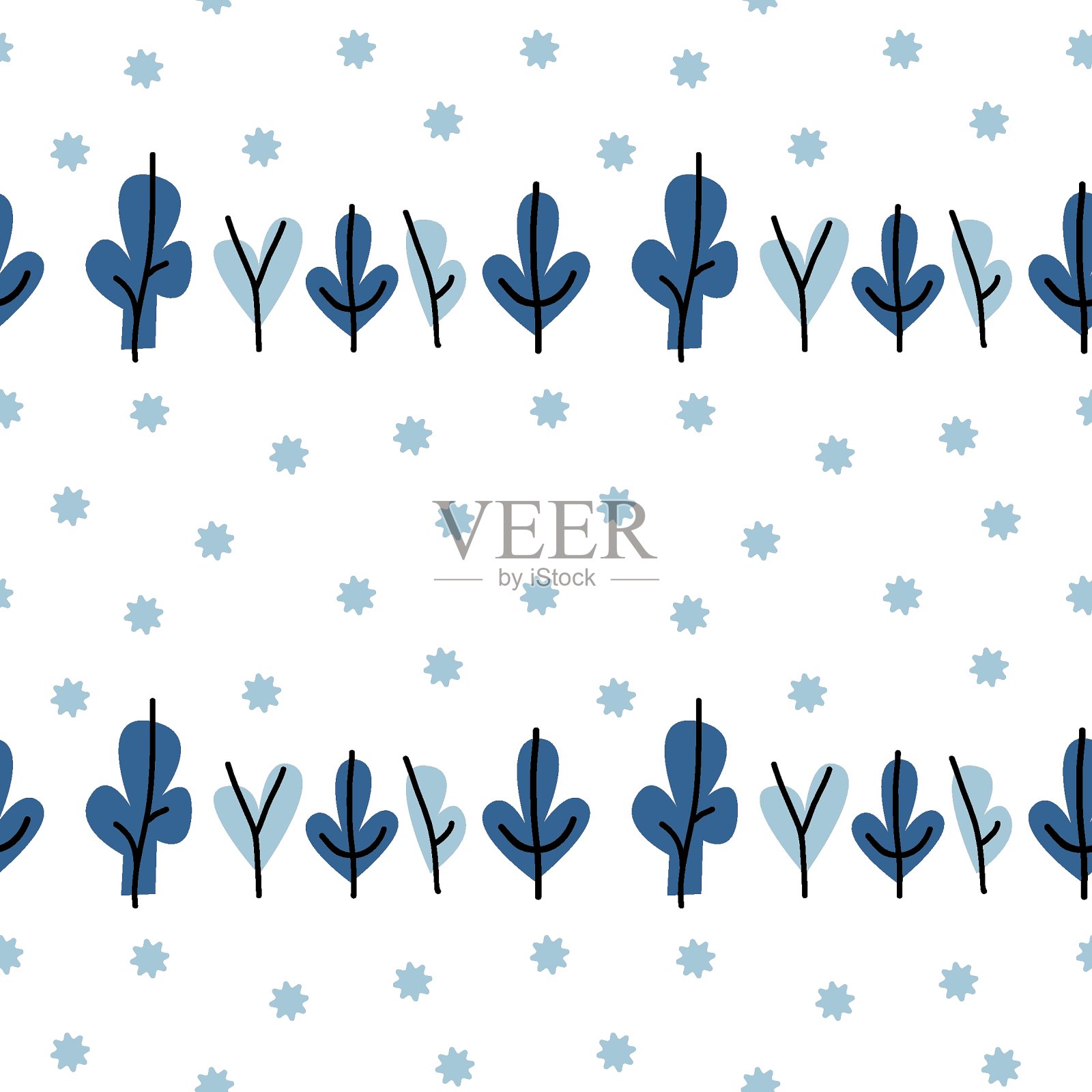 蓝色和白色的冬季抽象无缝图案与树木和雪花。时尚的手绘纹理冬季背景。雪花设计的纸，织物，室内装饰，包装。插画图片素材
