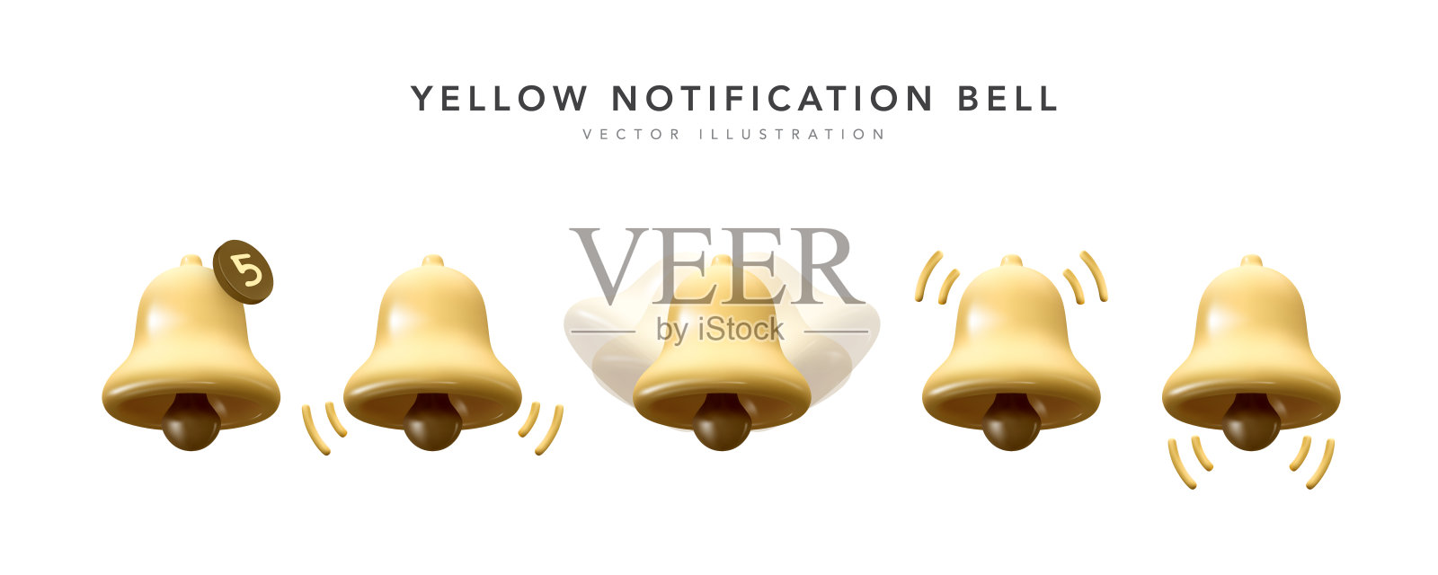 一组3d黄色通知钟图标隔离在白色背景上。矢量图设计元素图片