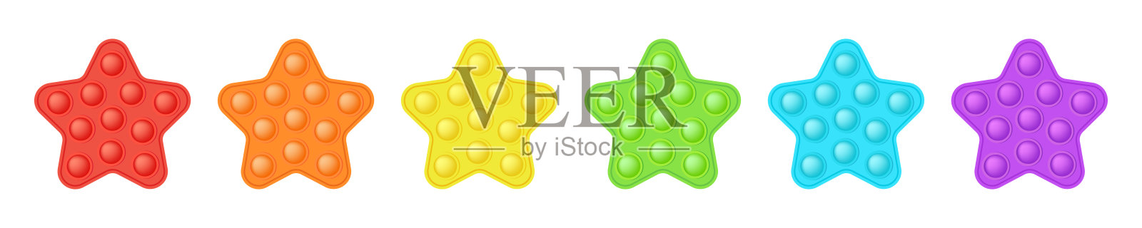 一套popit明星风格的时尚硅烦躁玩具。令人上瘾的抗压力玩具在明亮的颜色-红色，橙色，蓝色，绿色，黄色，紫色。给孩子们吹泡泡。孤立的矢量图。设计元素图片