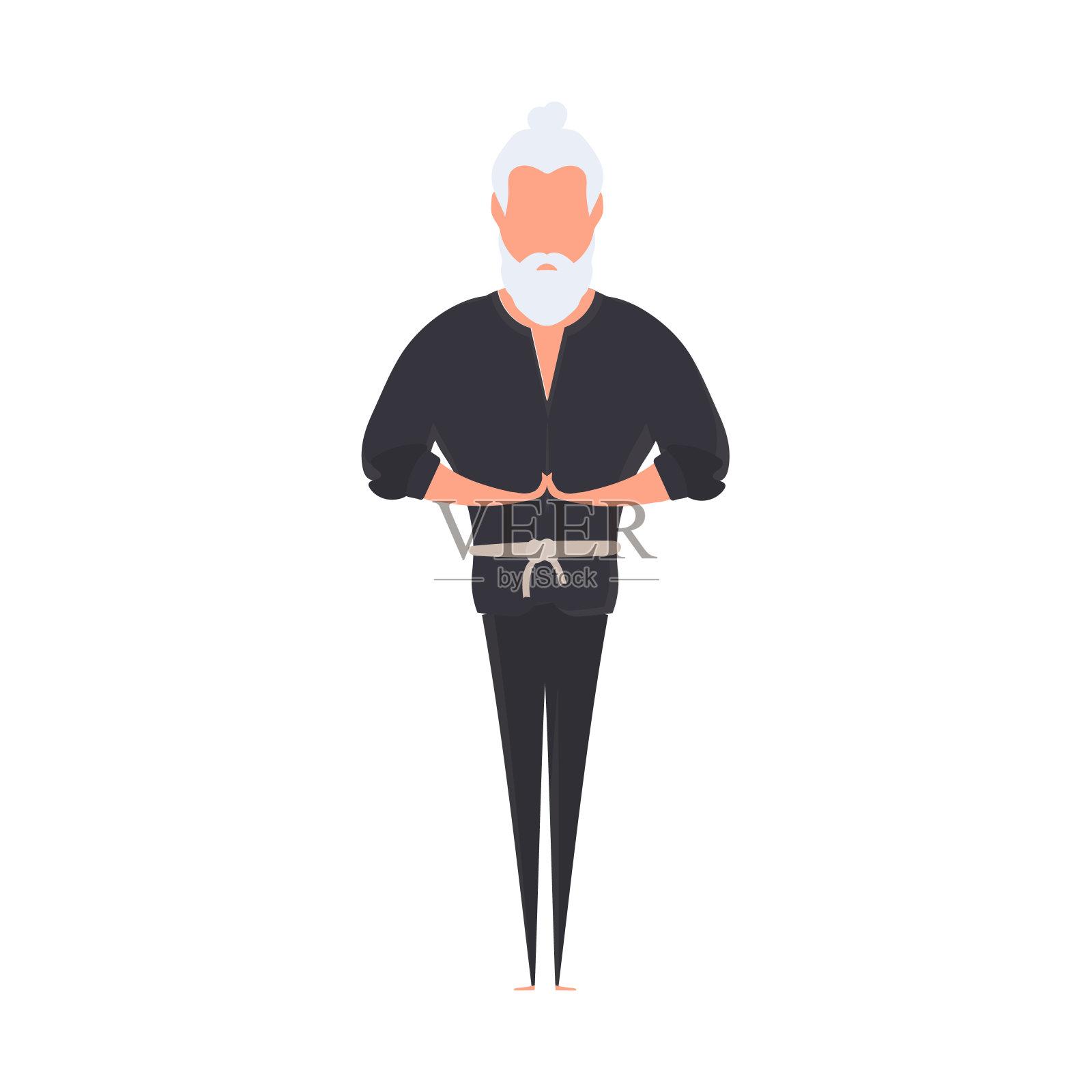 一个穿着黑色和服的男人在冥想。功夫大师。那家伙在做瑜伽。向量。插画图片素材