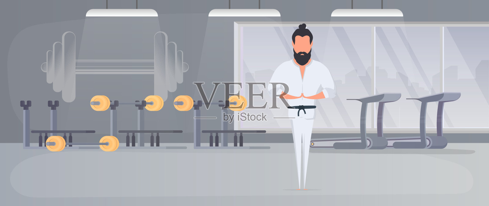 一个穿着白色和服的男人在冥想。功夫大师。那家伙在做瑜伽。向量。插画图片素材