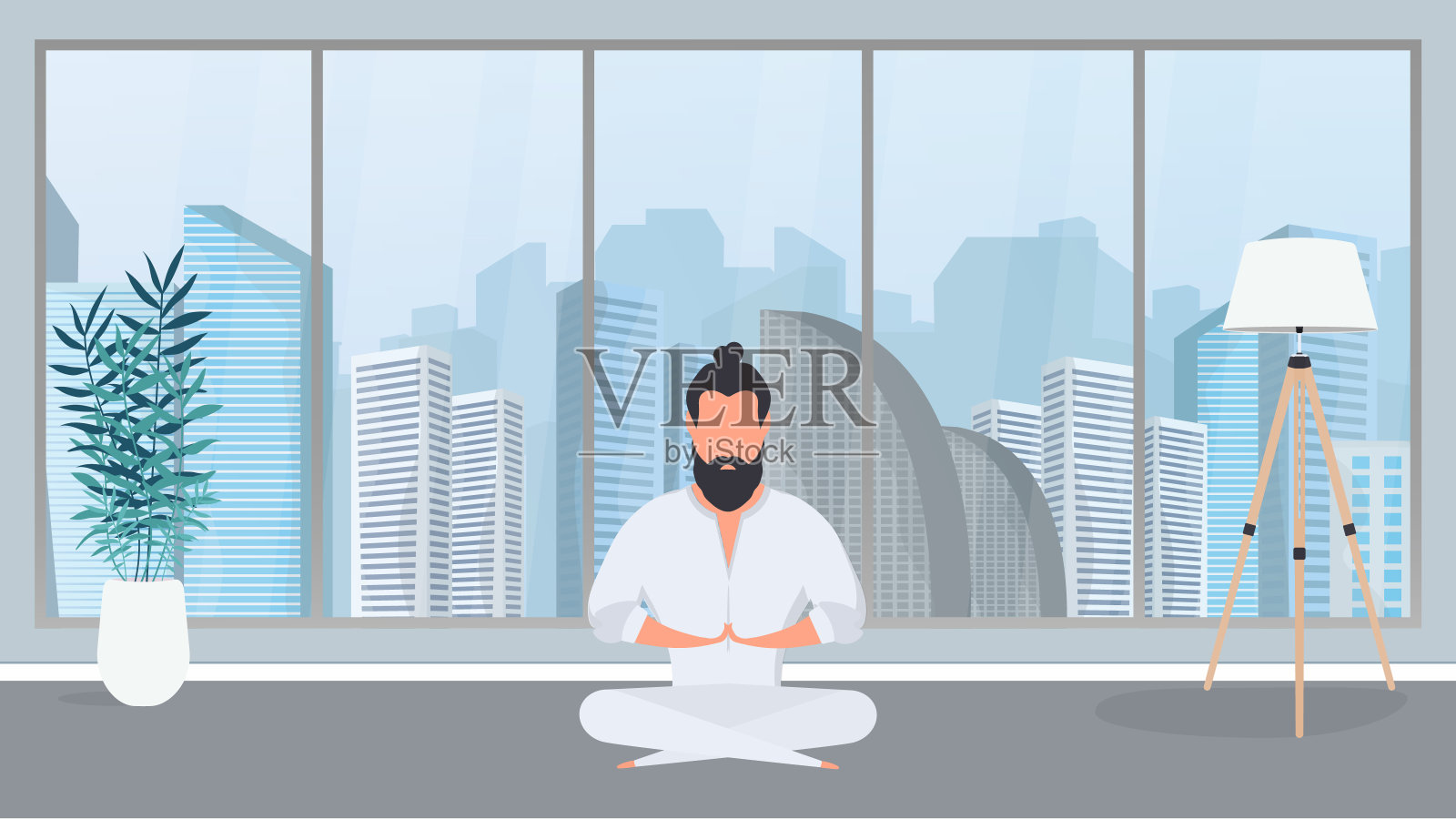 一个穿着白色和服的男人在冥想。功夫大师。那家伙在做瑜伽。向量。插画图片素材