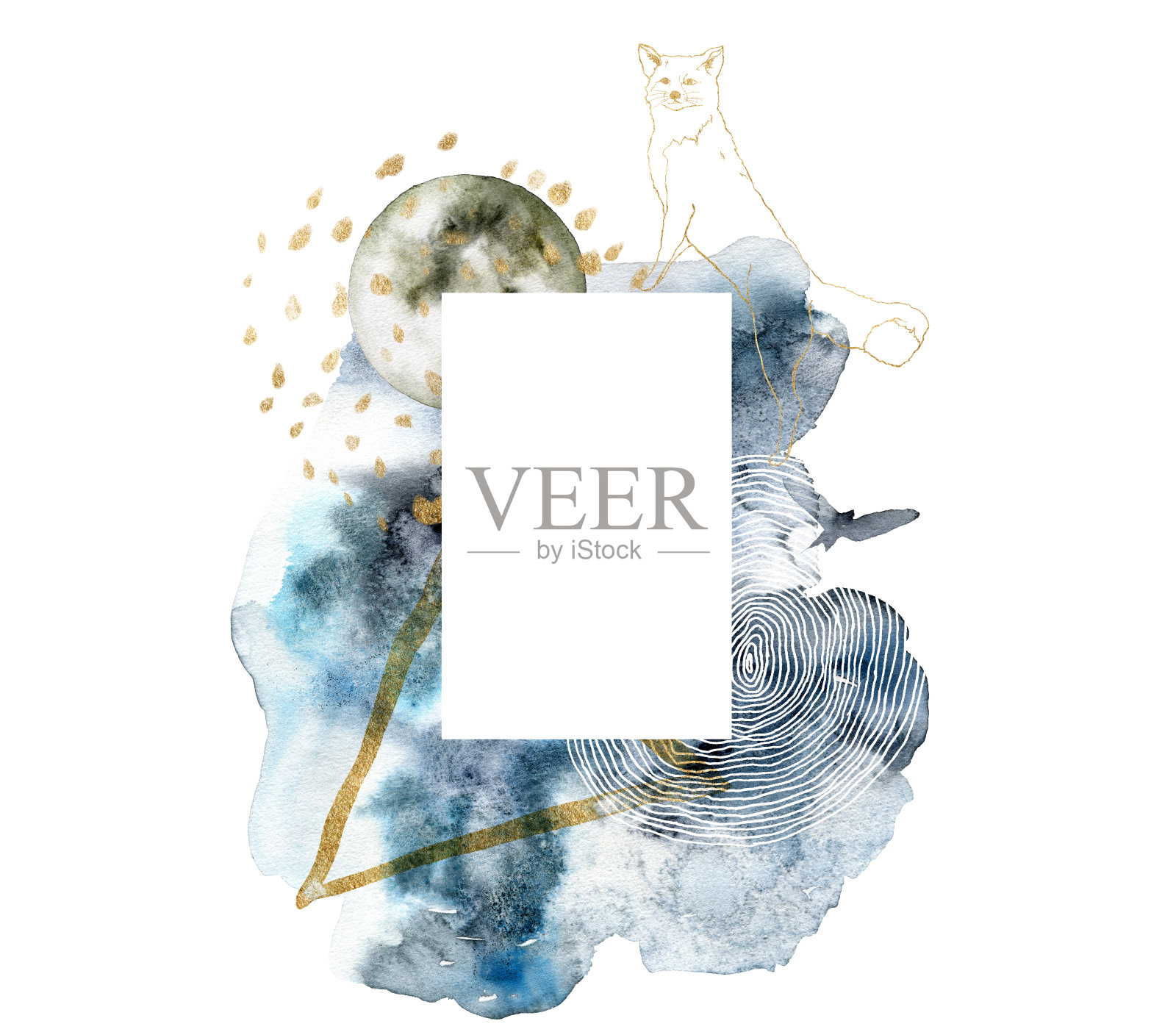 水彩抽象的直线狐狸，鸟，天空和月亮的垂直框架。手绘的极简主义插图孤立在白色背景上。用于设计，印刷，织物或背景。插画图片素材