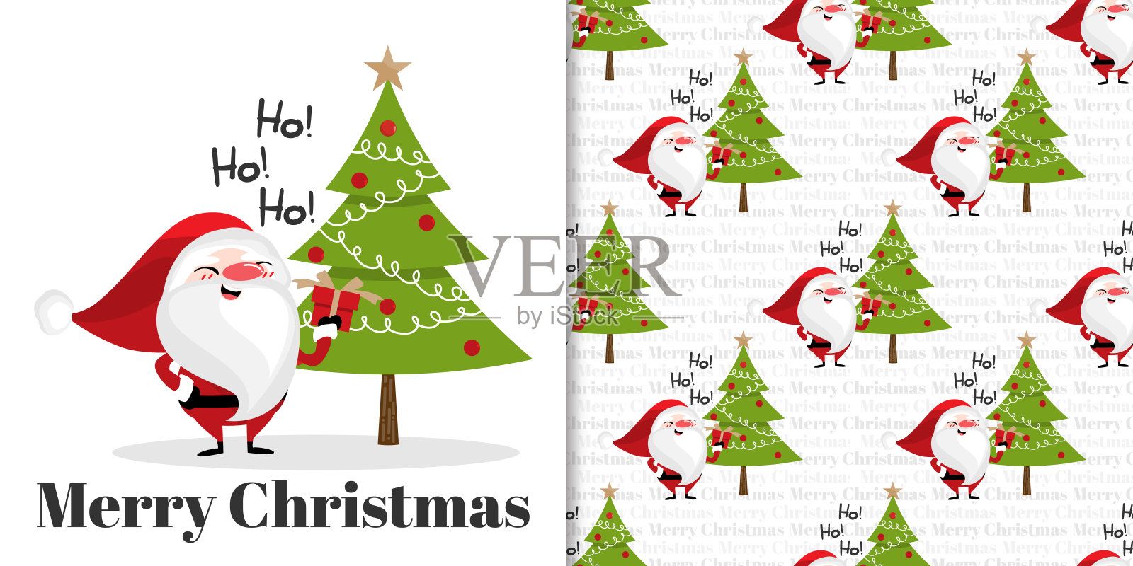 圣诞节日季节横幅与圣诞快乐的文字和无缝的图案的圣诞老人持有礼物盒与圣诞树在白色的背景。设计模板素材