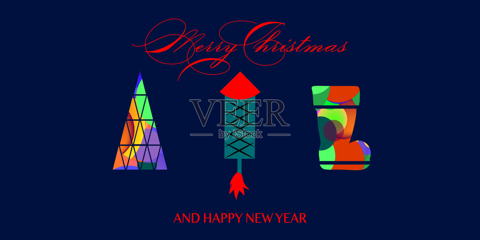 彩色圣诞元素的圣诞卡。装饰圣诞节装饰品与圣诞树，火箭，雪靴插图。新年的收藏。设计模板素材