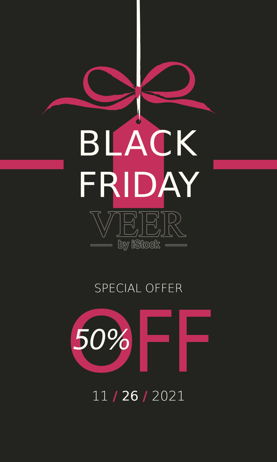 黑色星期五的垂直横幅与礼盒与丝带和标签与文字优惠50%的优惠。扁平化风格，简约化设计。矢量化。黑色、白色和粉红色。可编辑的。设计元素图片