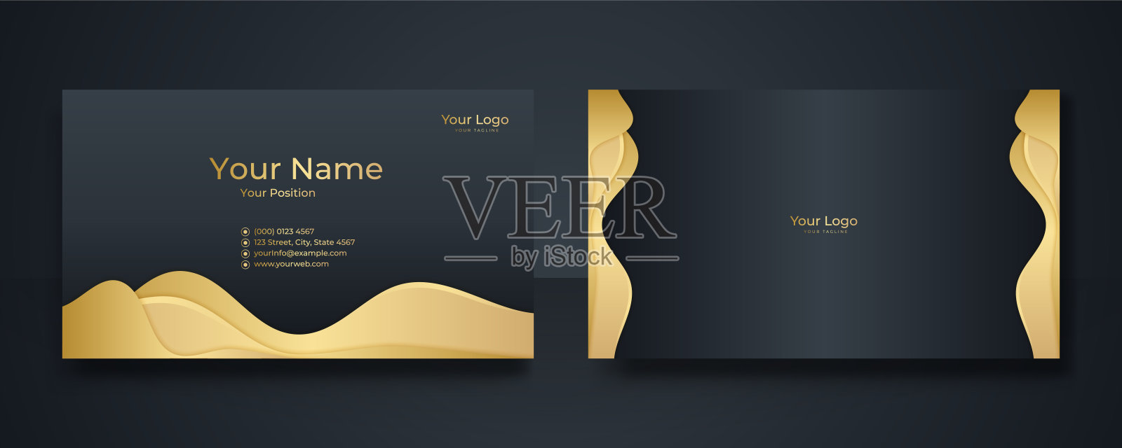 现代名片-创意和干净的名片模板。豪华名片设计模板。优雅的深色背景与抽象的金色波浪线闪闪发光。矢量图插画图片素材