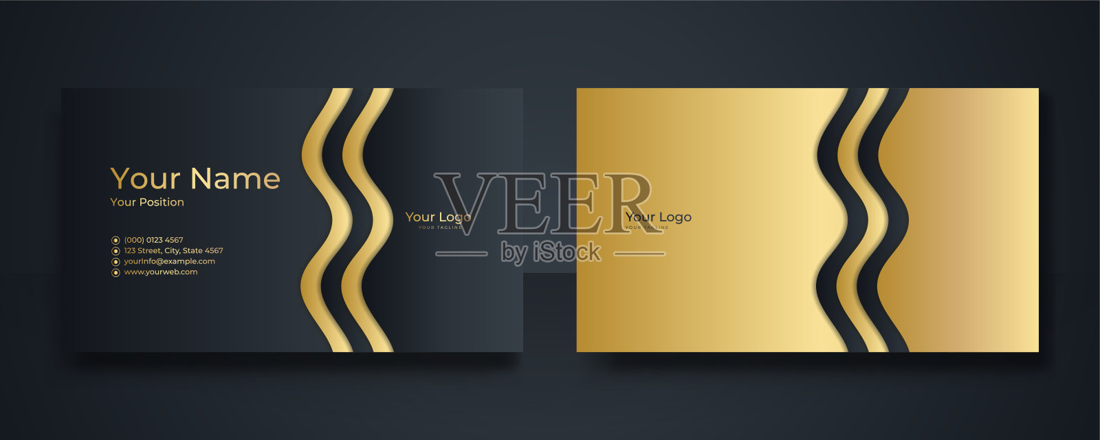 现代名片-创意和干净的名片模板。豪华名片设计模板。优雅的深色背景与抽象的金色波浪线闪闪发光。矢量图设计模板素材