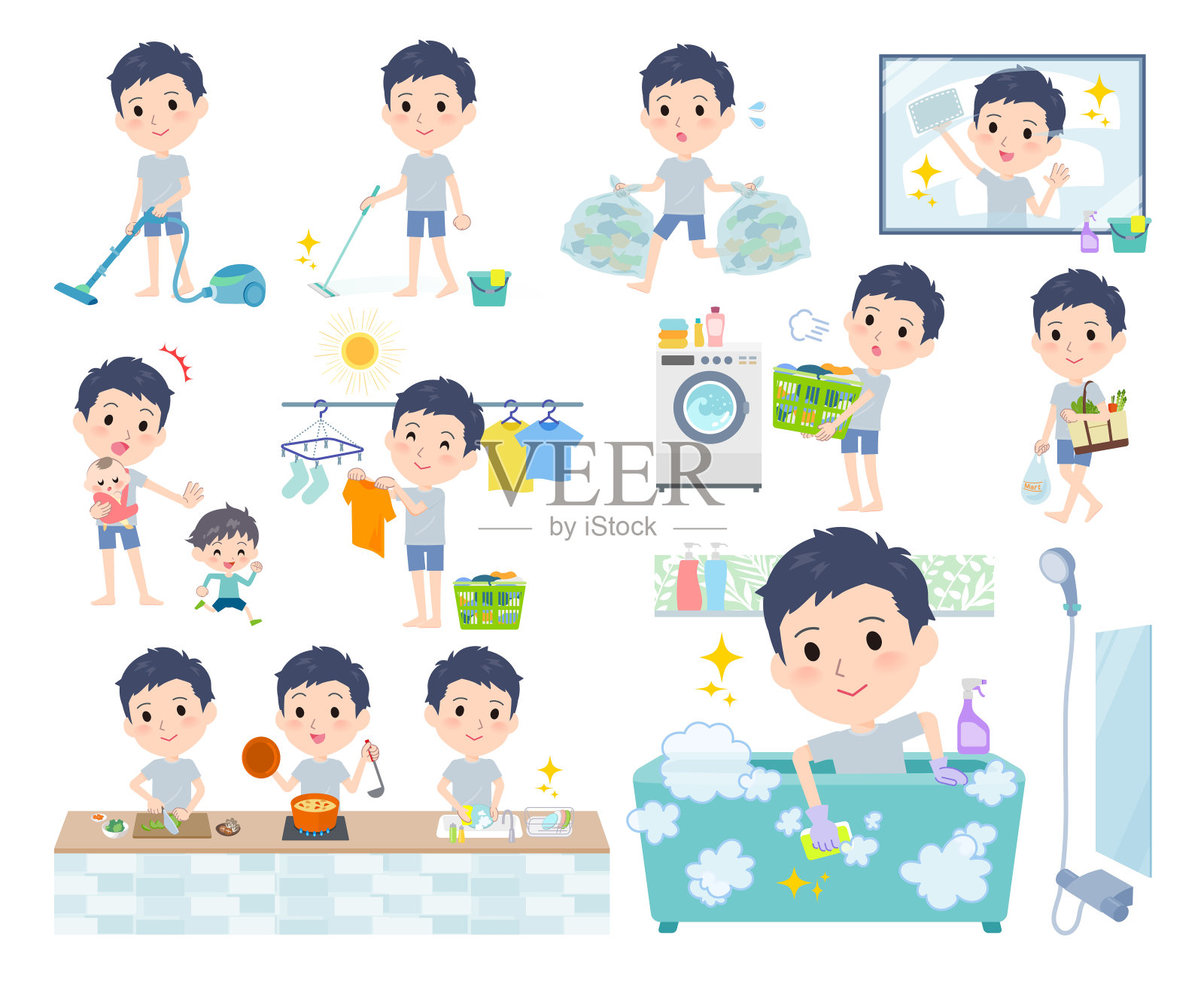 一组无偿的虚拟人物，与家务有关，如清洁和洗衣插画图片素材