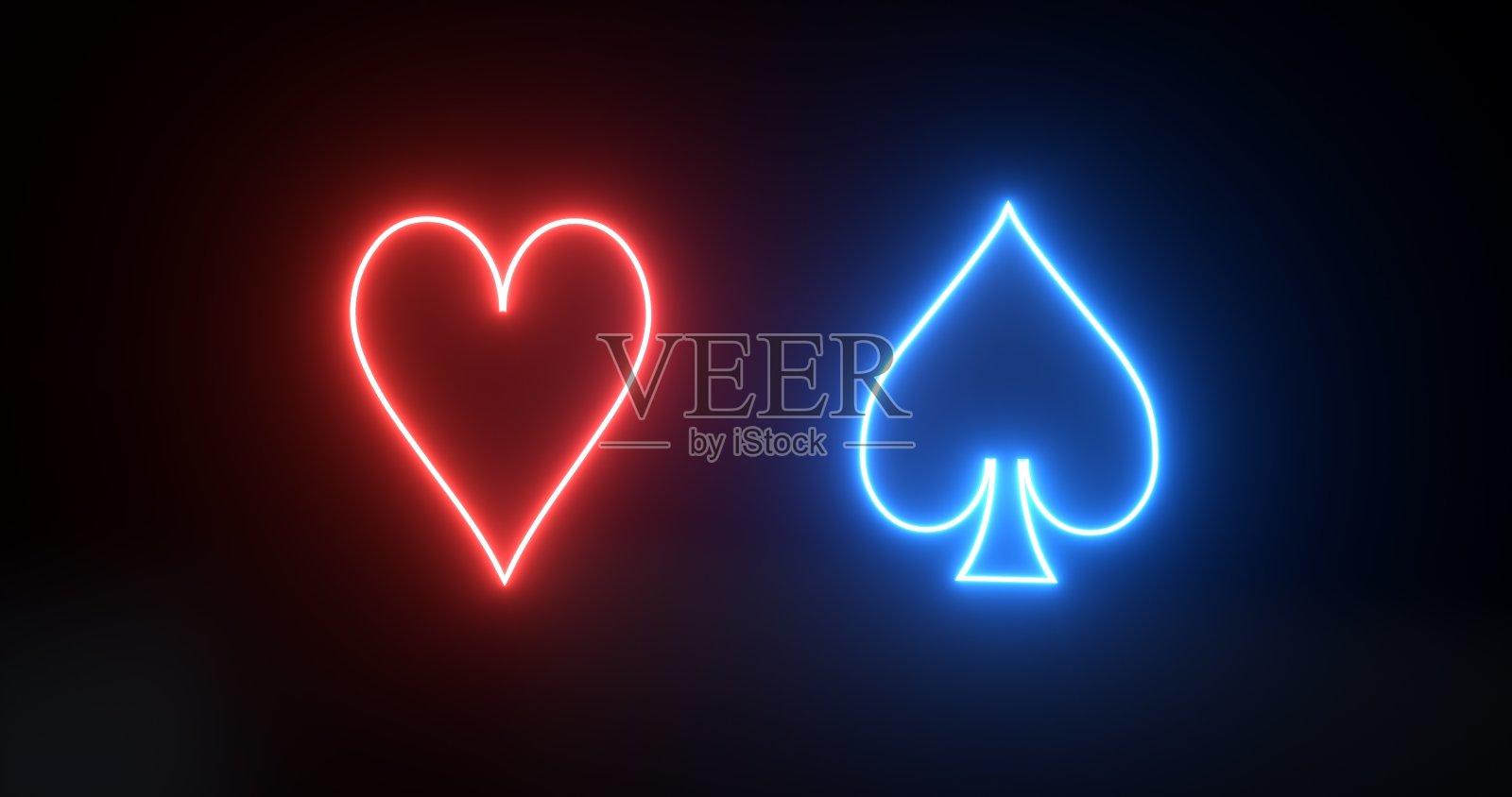 现代黑色和霓虹灯红，蓝色的红心和黑桃符号- 3D插图照片摄影图片