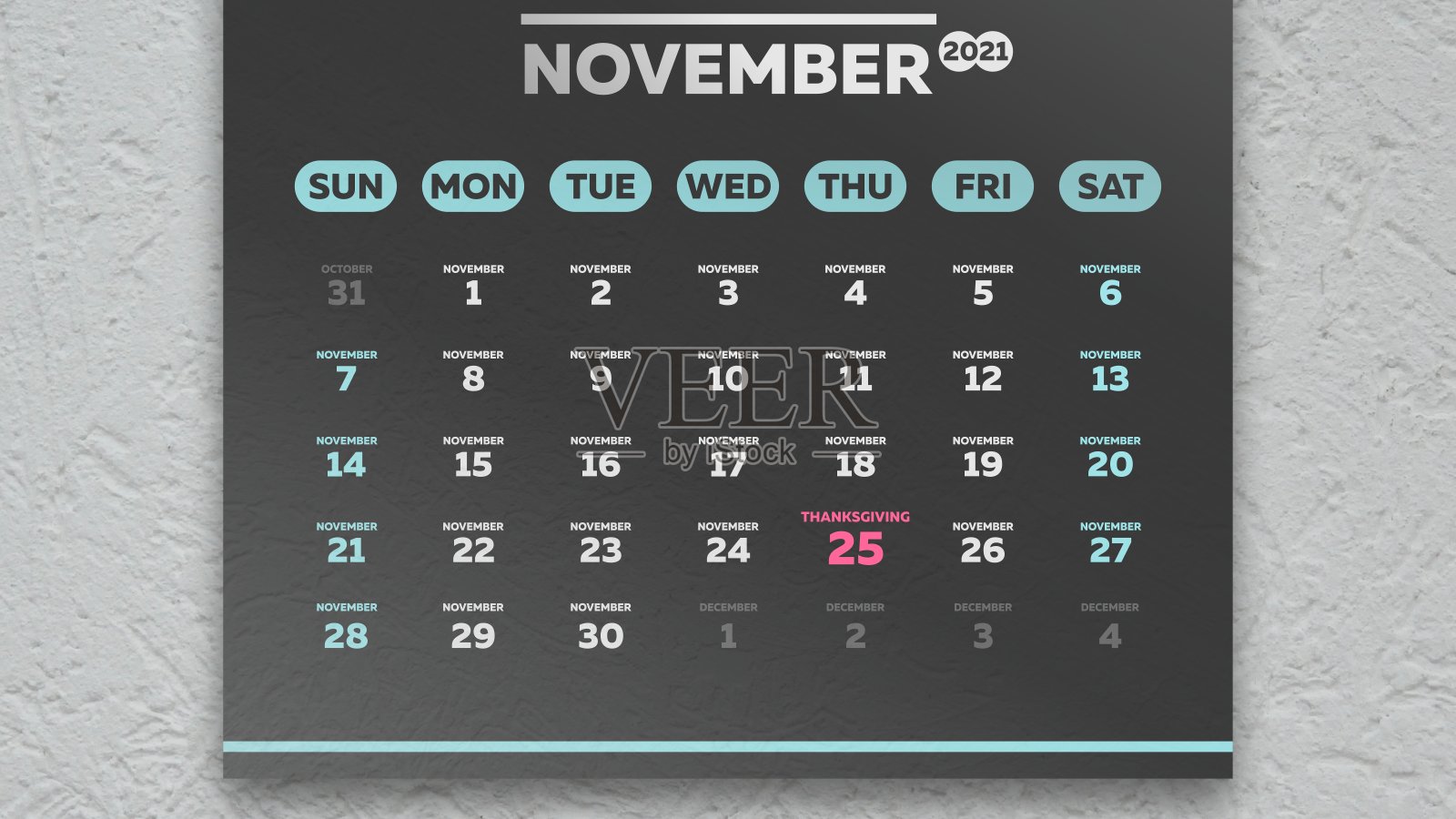 2021年11月的日历上有一个漂亮的黑色页面，上面写着感恩节的日期照片摄影图片
