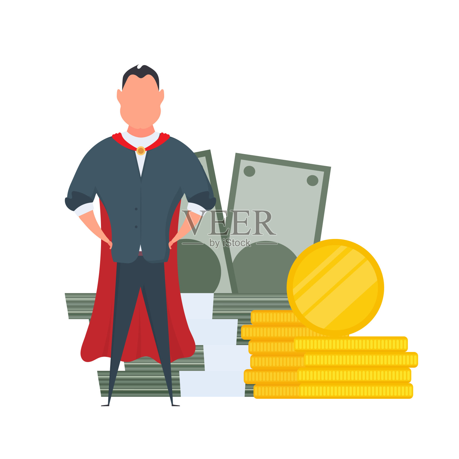 商人和一大堆钱。一个男人站在金币和大钞旁边。一捆钱。成功商业的概念，收益和财富。向量。插画图片素材