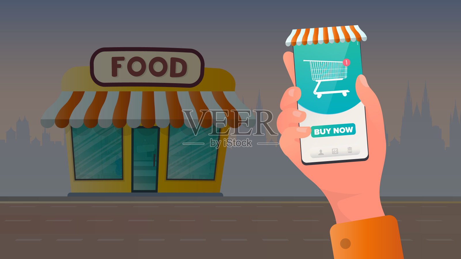 通过应用程序进行购买。在线商店的购物车图标。在线购买商品。手拿手机的特写镜头。向量。插画图片素材