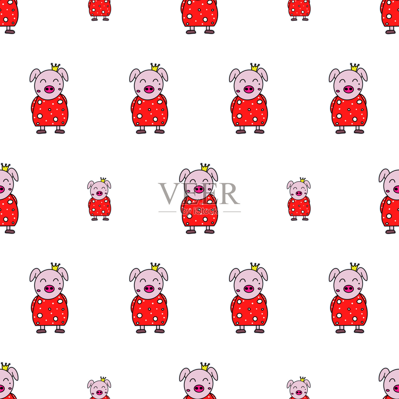 无缝图案穿着红裙子的搞笑猪。适用于背景、明信片和包装纸。向量。插画图片素材