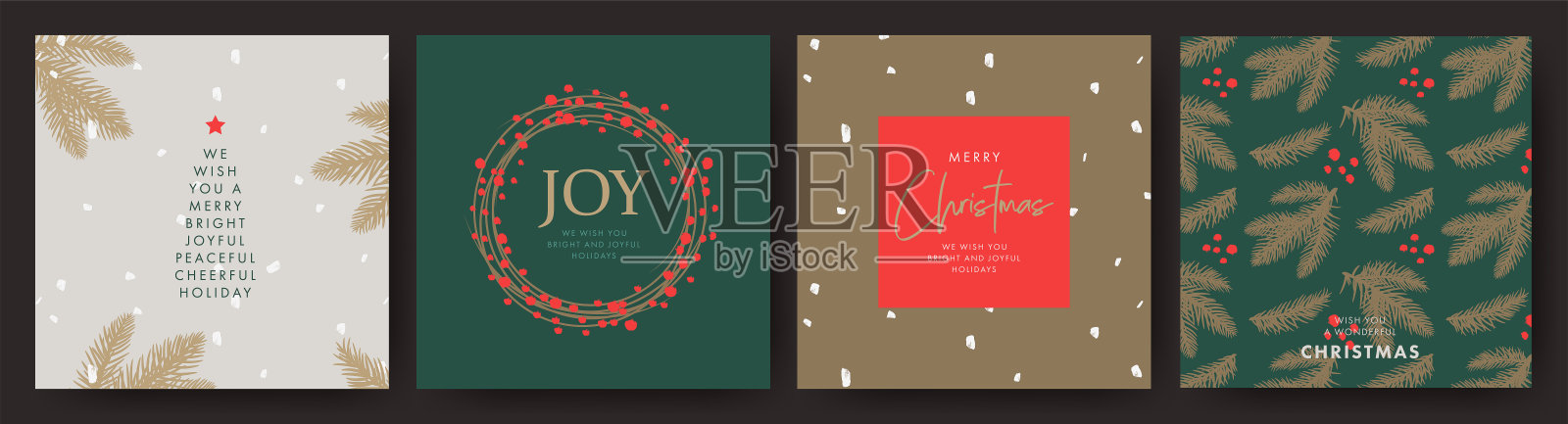 圣诞快乐，新年快乐一套贺卡，海报，节日封面。优雅的圣诞绿色，红色和金色的设计设计模板素材