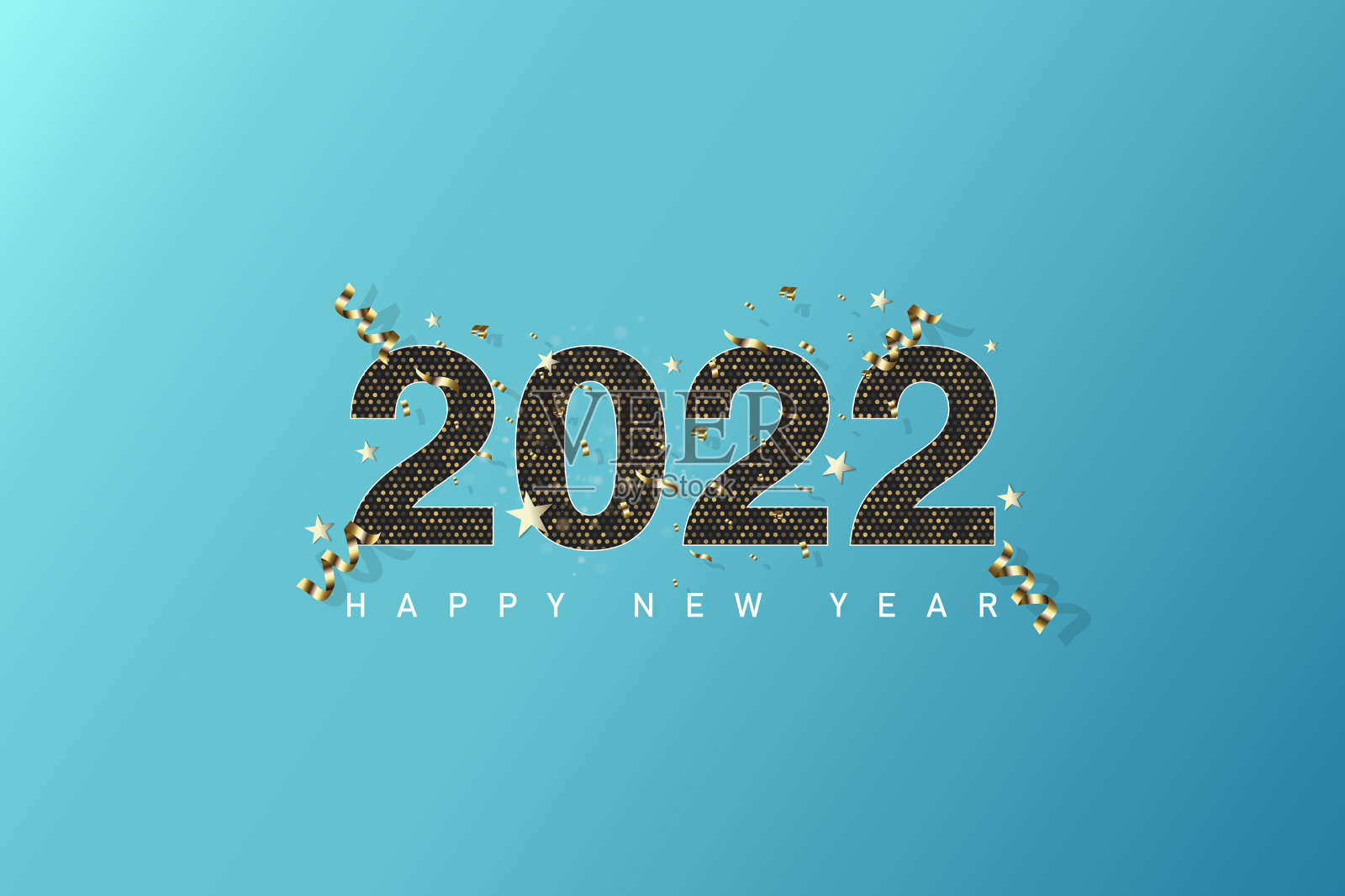 2022年新年快乐。豪华的白色数字和金色飞溅。贺卡设计模板。派对海报，邀请横幅金灿灿的星星五彩纸屑闪闪发光的装饰。向量的背景插画图片素材