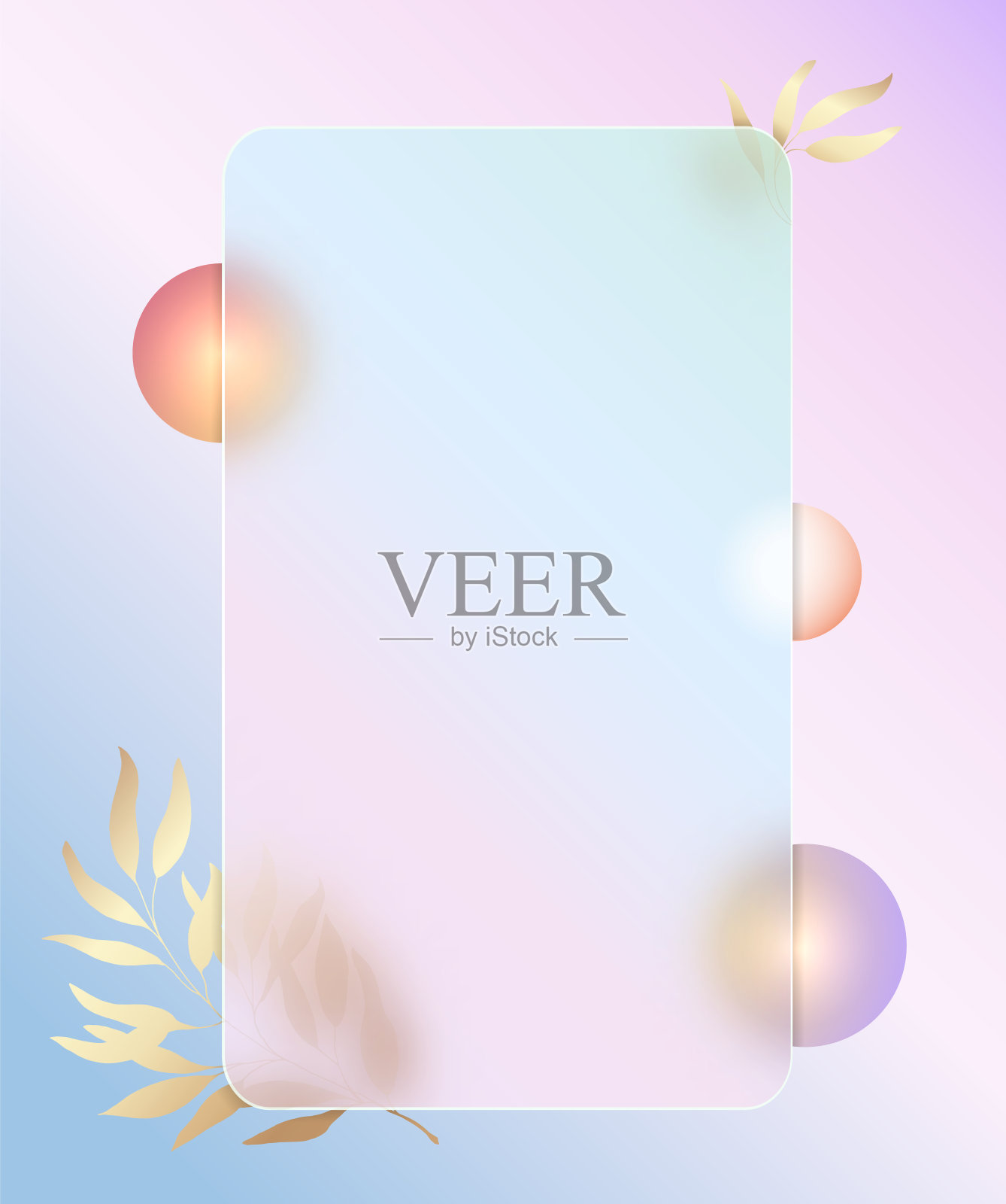 透明背景的设计。模糊的球和树枝。粉色抽象画。玻璃形态与模糊的球和金色的树枝。矢量插图。插画图片素材