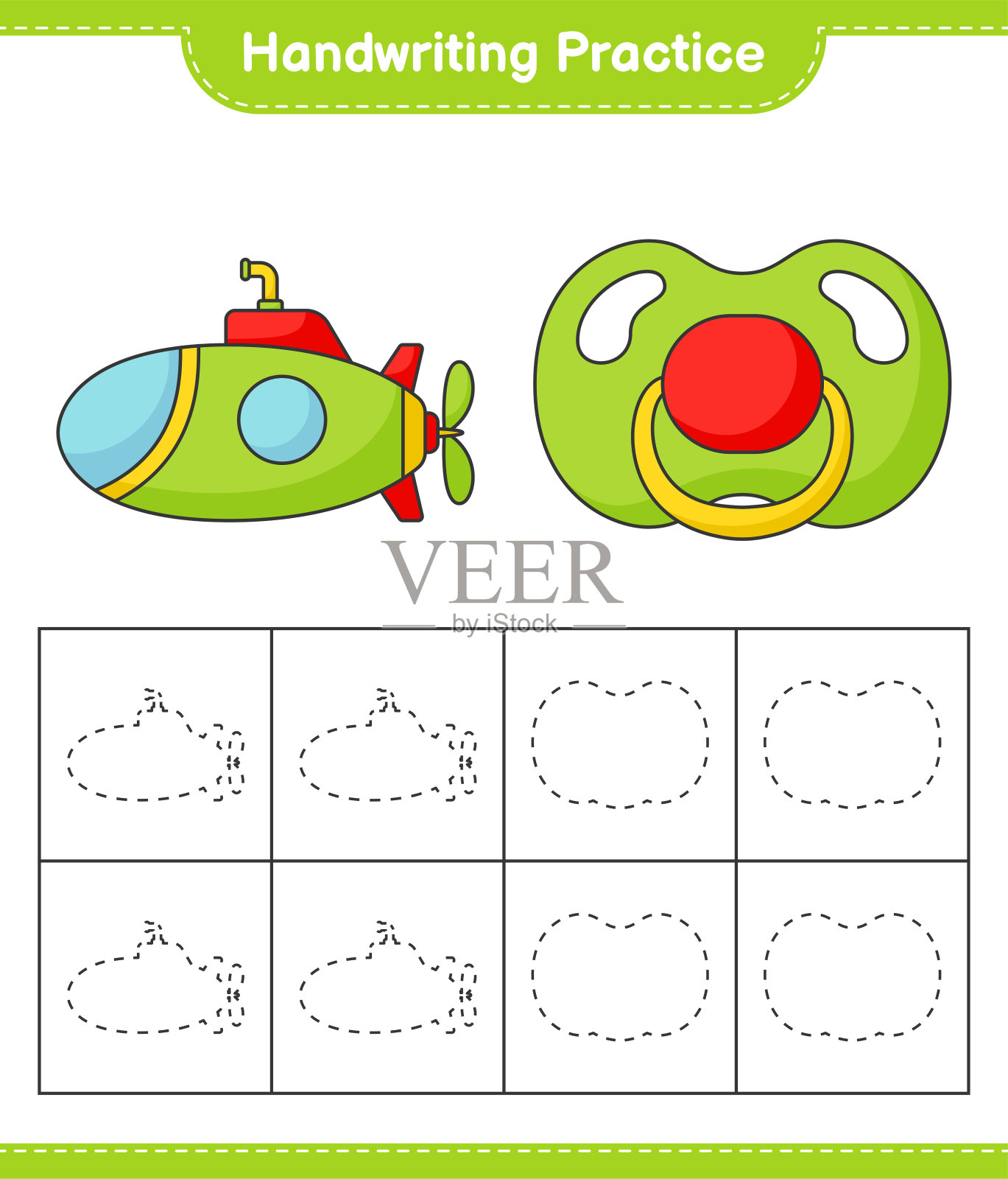 书法练习。追踪潜水艇和奶嘴的线条。教育儿童游戏，可打印的工作表，矢量插图插画图片素材