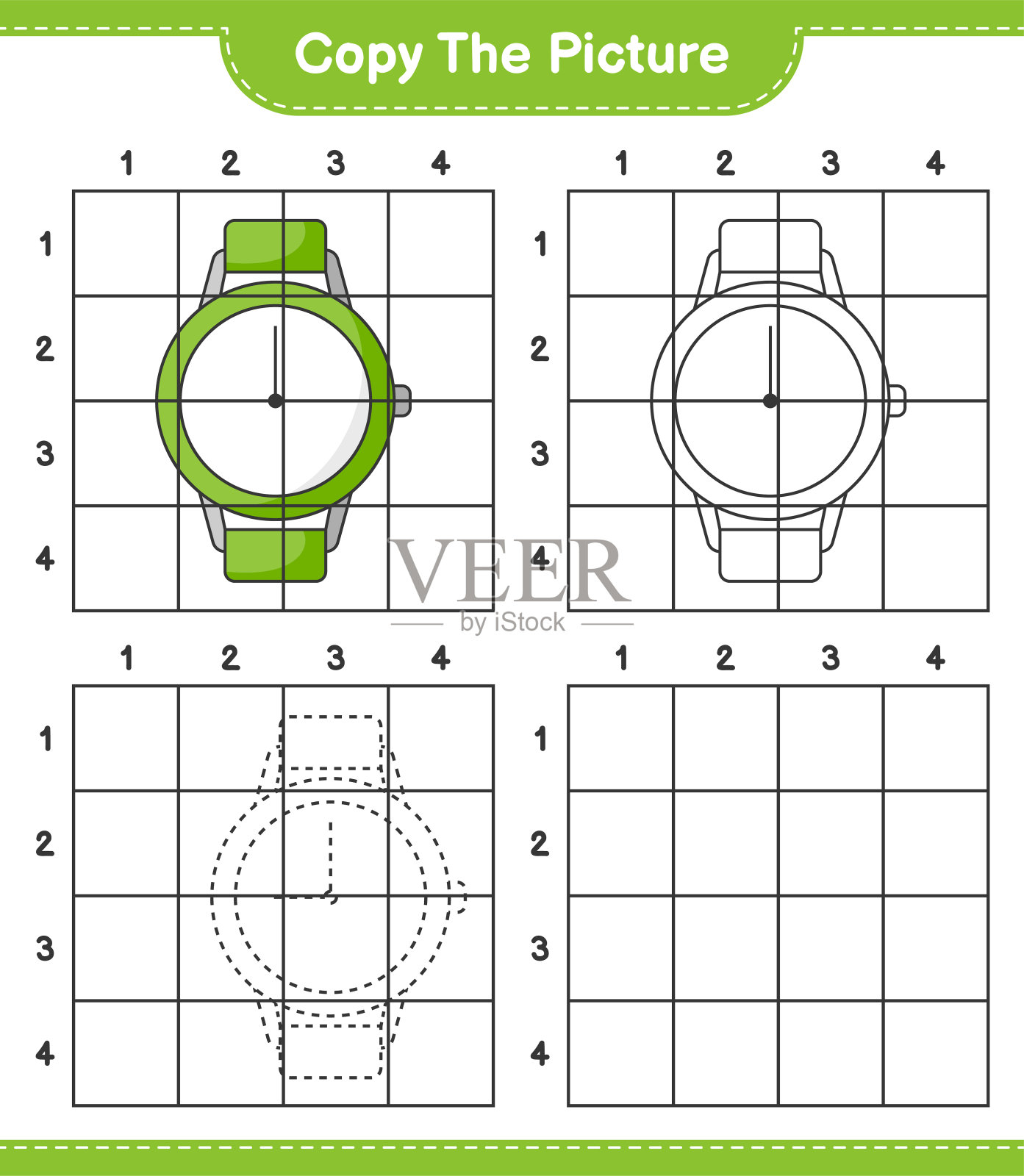 复制图片，使用网格线复制手表图片。教育儿童游戏，可打印的工作表，矢量插图插画图片素材