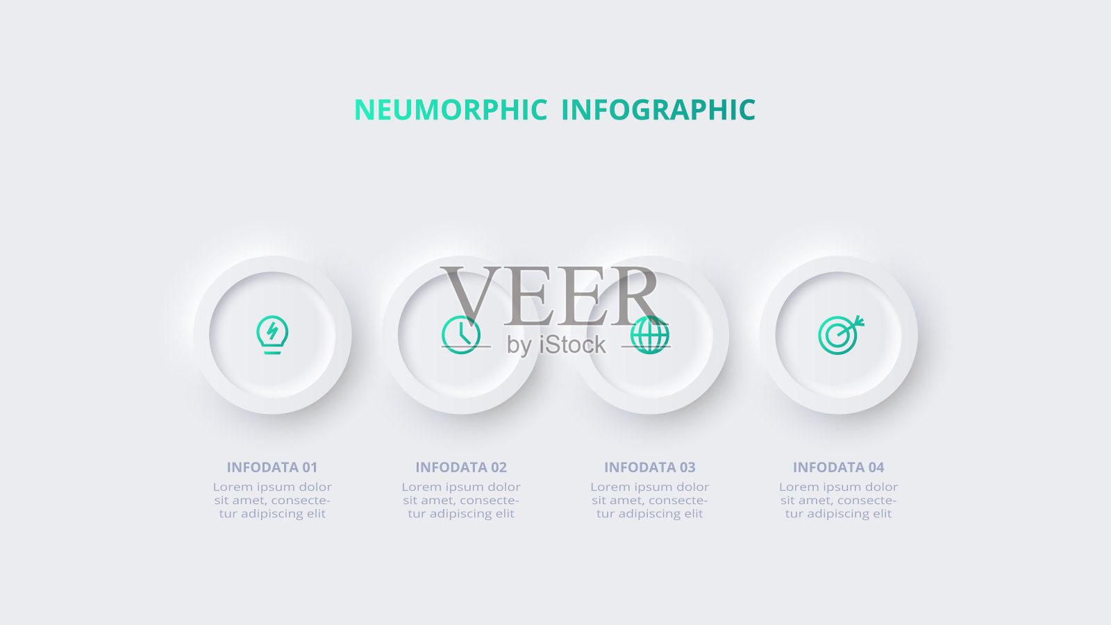 Neumorphic流程图信息图。具有4个步骤、选项、部分或过程的信息图表的创造性概念。设计模板素材
