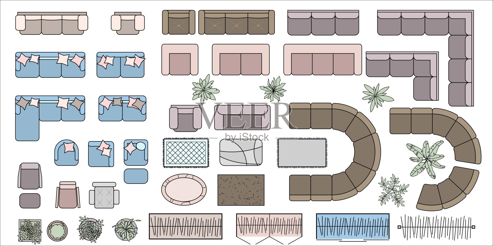 为客厅，办公室，房子，公寓设置彩色家具元素。室内图标，沙发，椅子，植物。用于室内设计的家具符号。前视图。孤立的向量集合插画图片素材