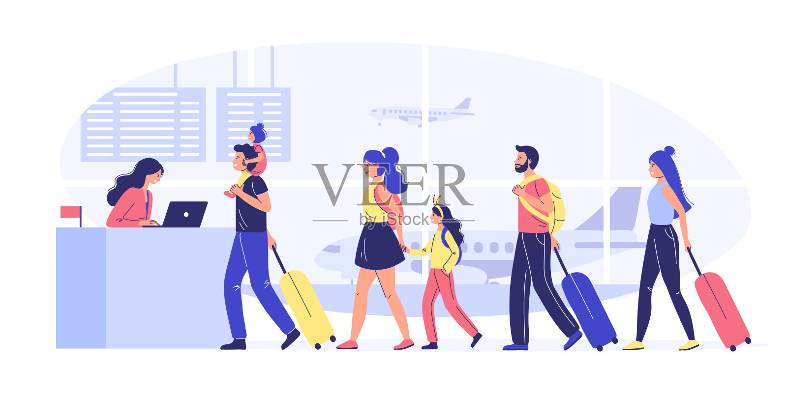 带着孩子的家人在机场。矢量插图。乘飞机旅行。旅行的概念。插画图片素材