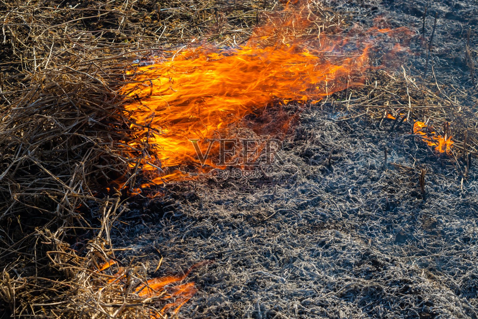 火的特写背景是从燃烧的稻草上升到黑色的灰烬和烟雾照片摄影图片