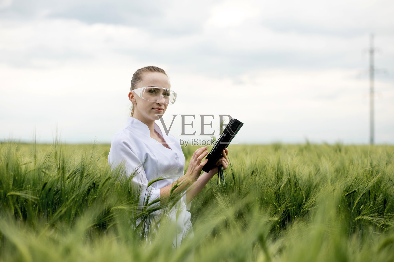 身穿白色浴衣的年轻农妇正在绿色的麦田里察看收割进度。新的小麦正在生长。农业和农场概念。照片摄影图片