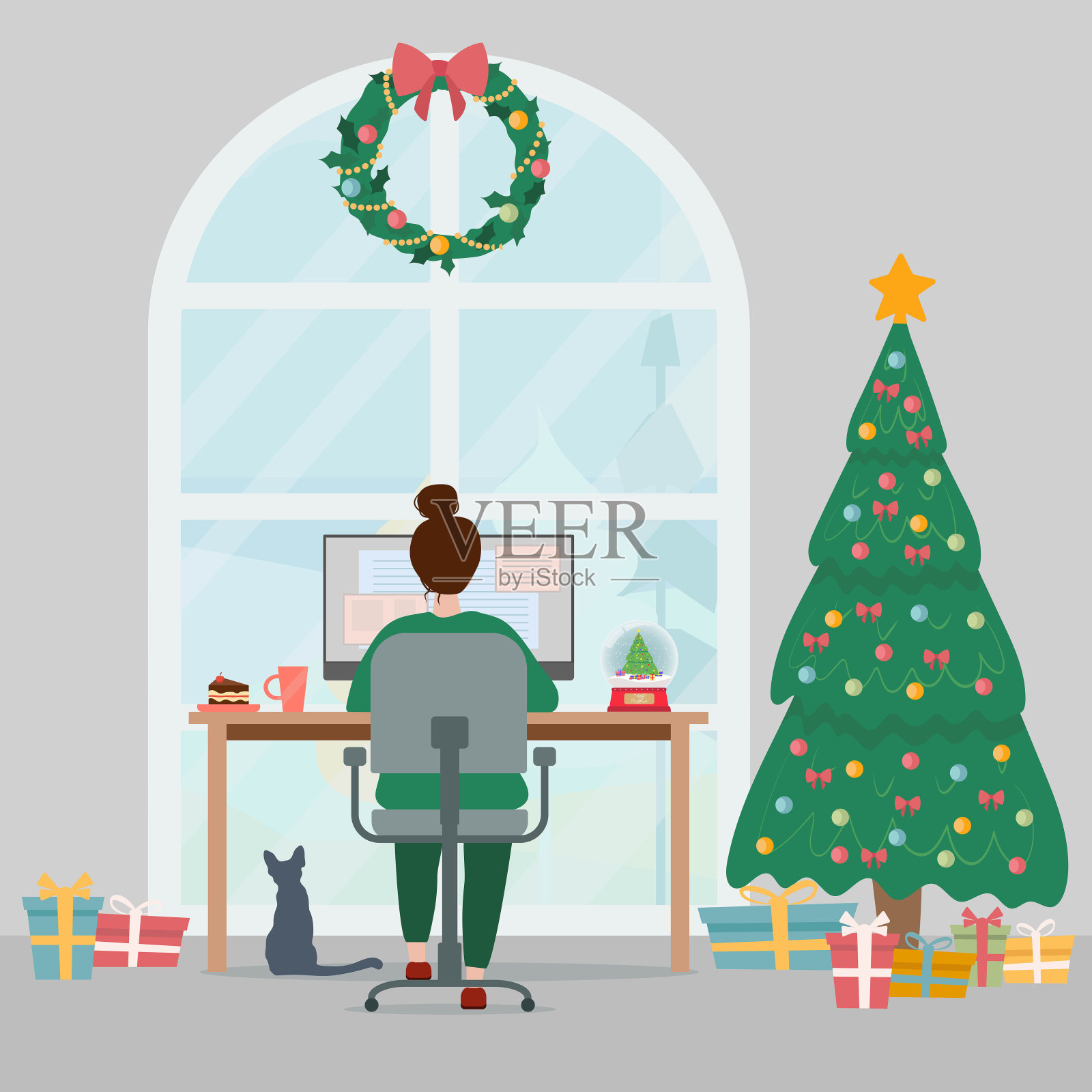 女人在家用电脑工作。舒适的圣诞节创意工作场所，有圣诞树的家庭办公室插画图片素材