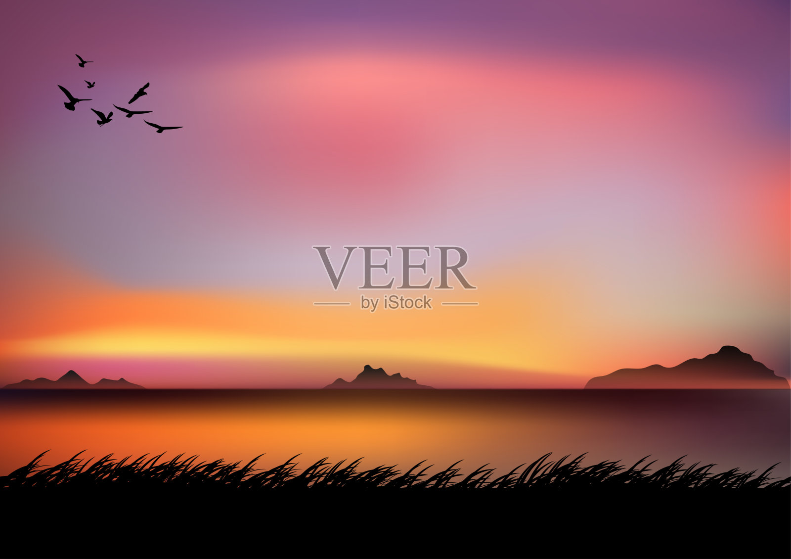 图形绘制景观视图，户外自然和黄昏剪影与草地在墙纸背景矢量插图插画图片素材