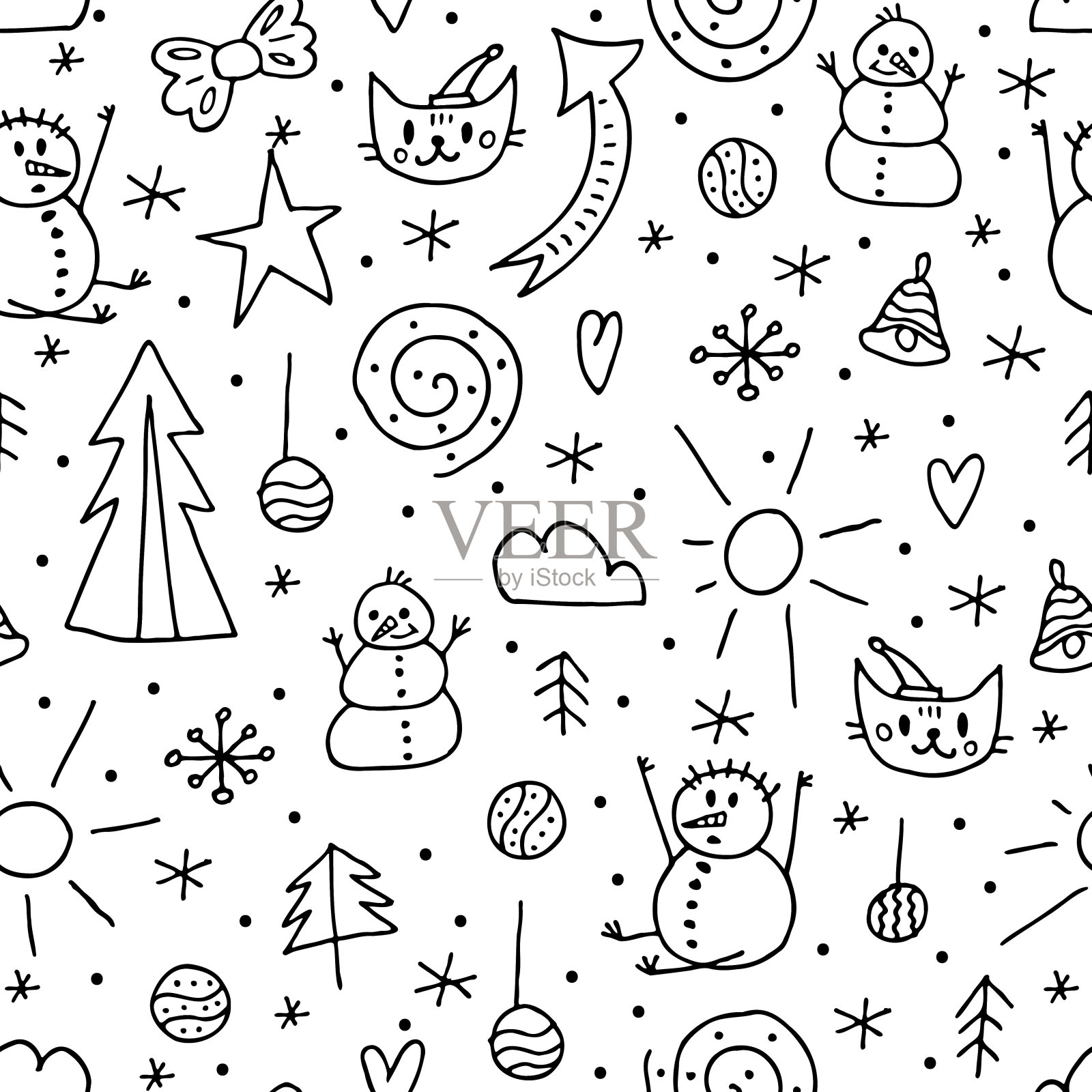 无缝的涂鸦元素模式。2022年冬天。在白色背景上手绘的冬季物品。插画图片素材