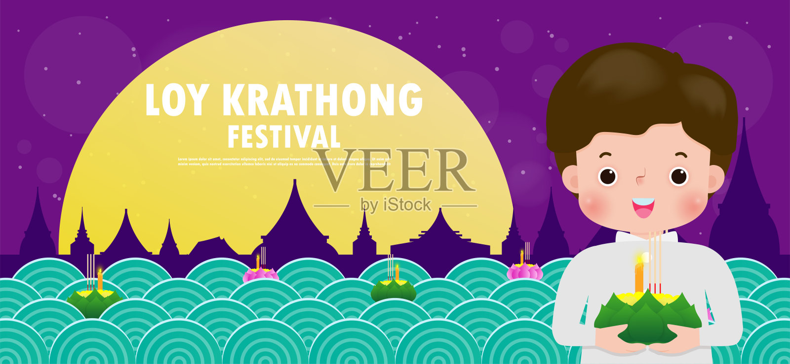 Loy Krathong Festival旗帜概念与可爱的泰国男性在国家服装持有在满月夜和灯笼庆祝和泰国文化海报模板背景向量插画图片素材