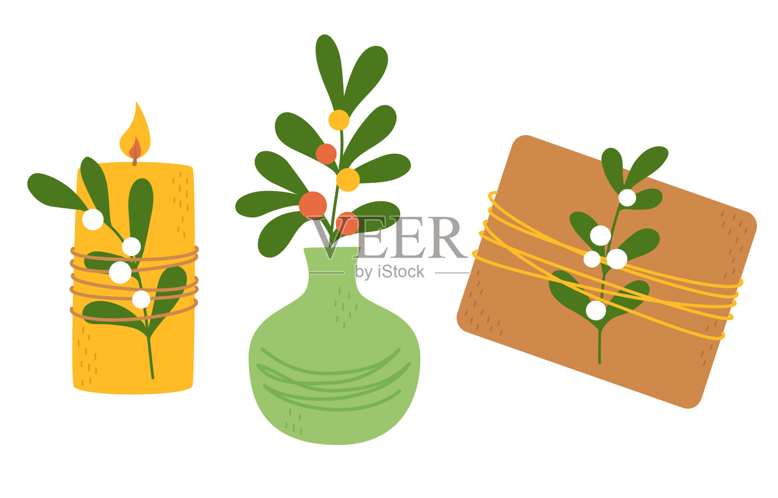 温馨的家庭装饰-蜡烛，花瓶，礼物与槲寄生。自然生态风格的圣诞和新年装饰。可爱的节日元素与植物。孤立在白色背景上。矢量平面插图。插画图片素材