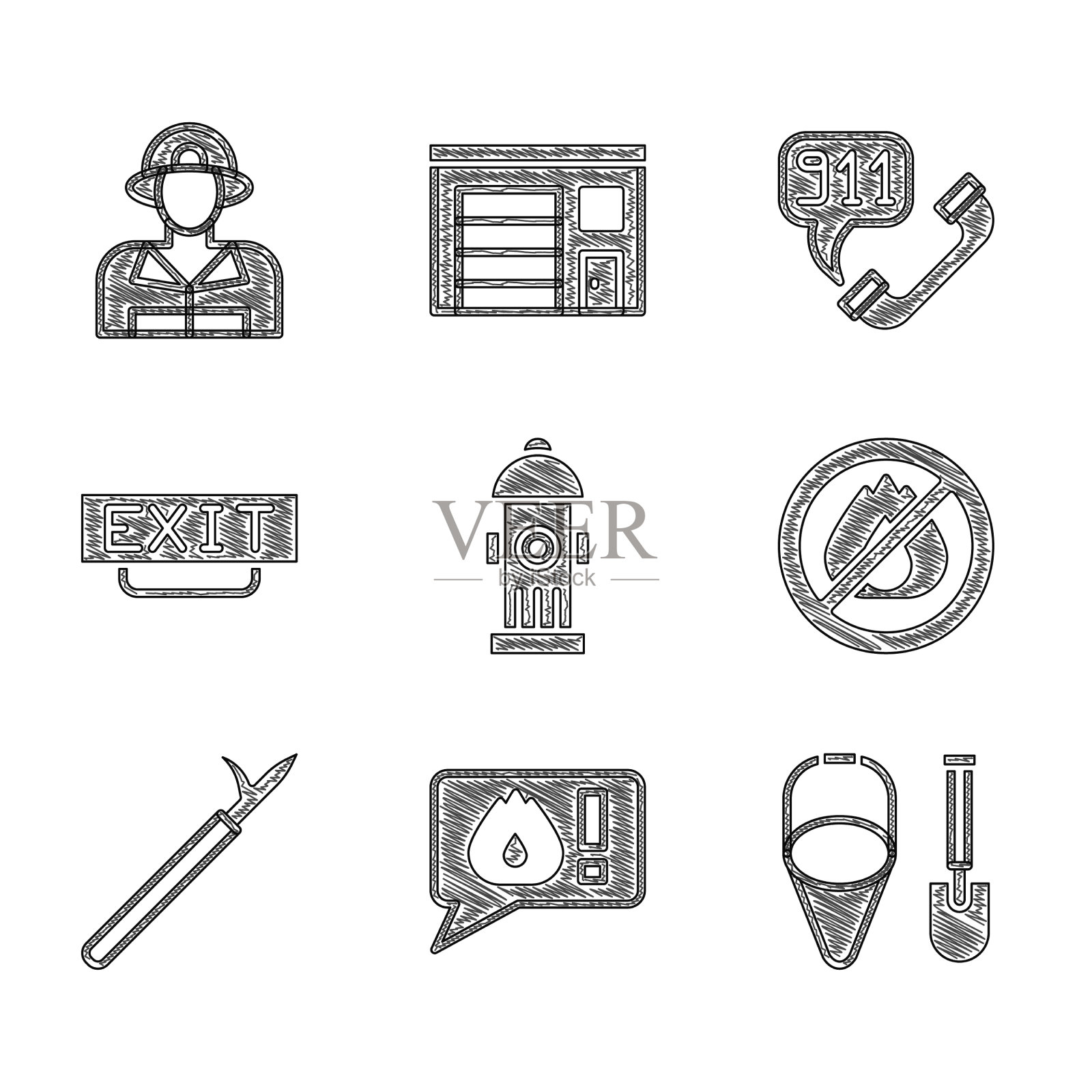 设置消防栓，电话拨打911和铲雪图标素材