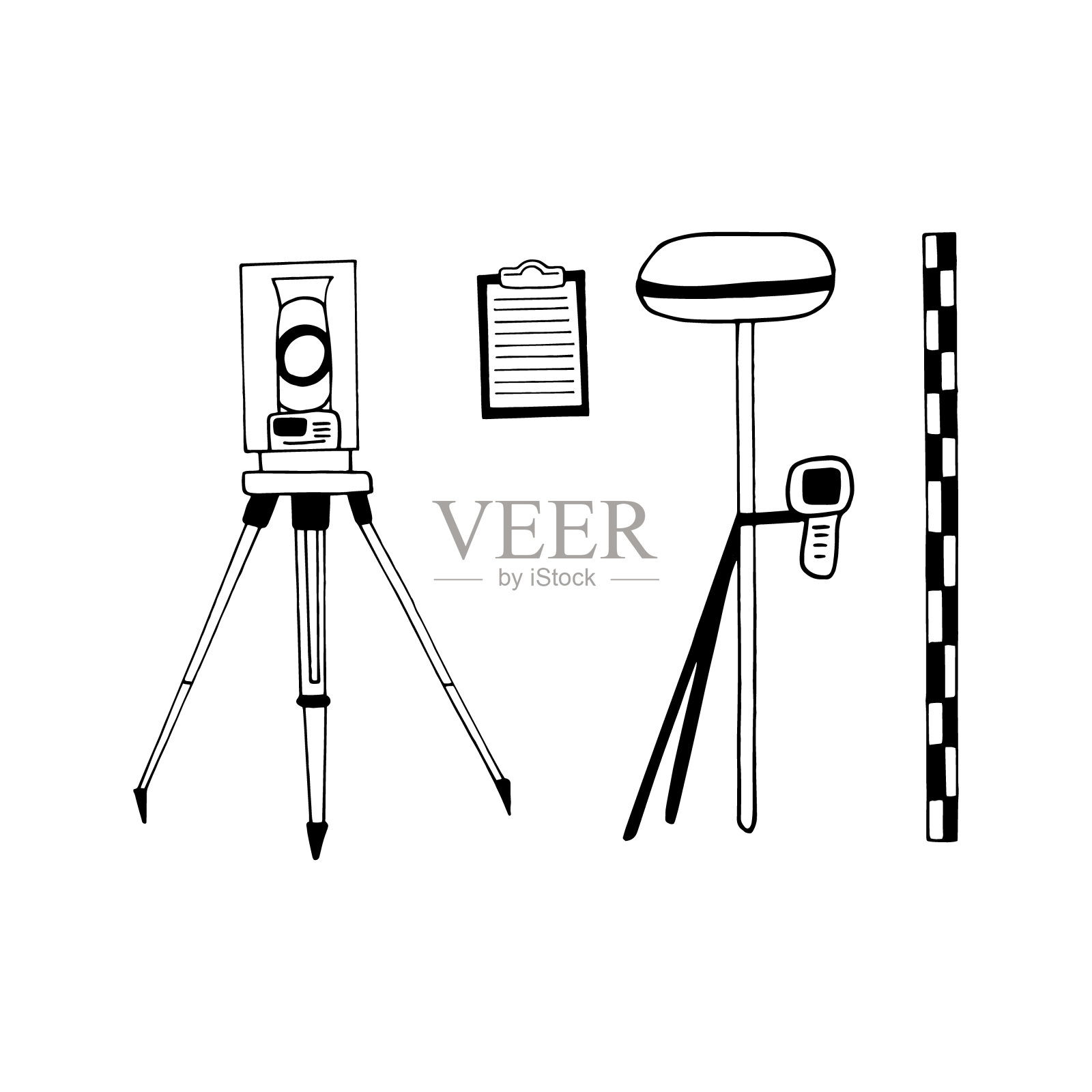 视距仪、技术水平仪、全站仪、水准仪、平板、手绘涂鸦套。矢量，极简主义，斯堪的纳维亚，单色，北欧，素描。图标,标签。大地测量学，制图学，测量，建筑，测量插画图片素材
