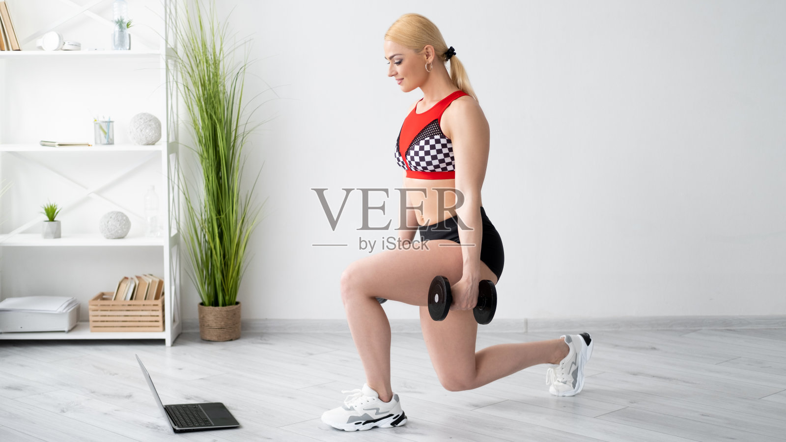 举重健身房女运动员在线训练家照片摄影图片