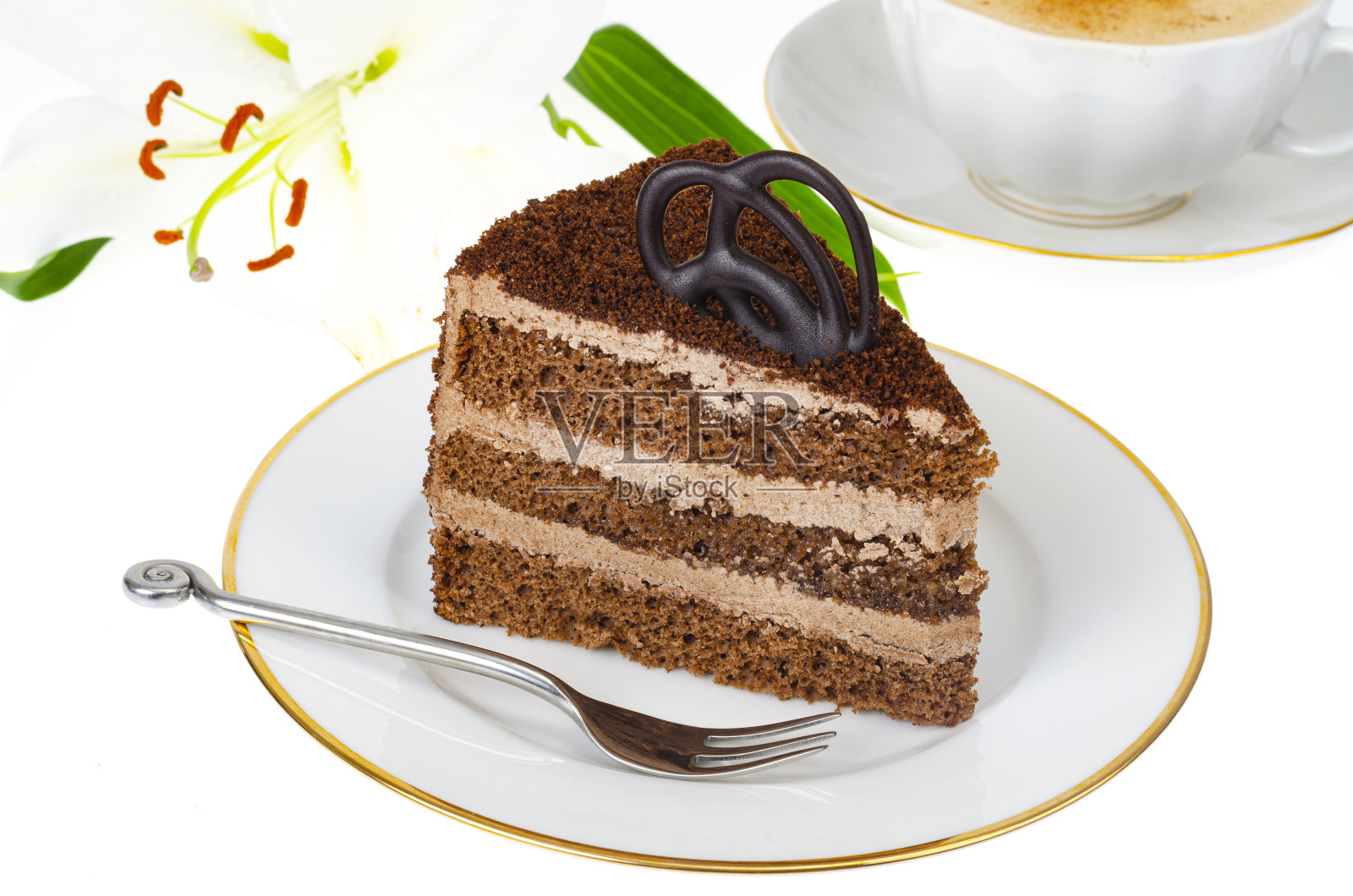 盘子的一部分美味的自制蛋糕装饰与巧克力在白色的背景。工作室的照片照片摄影图片