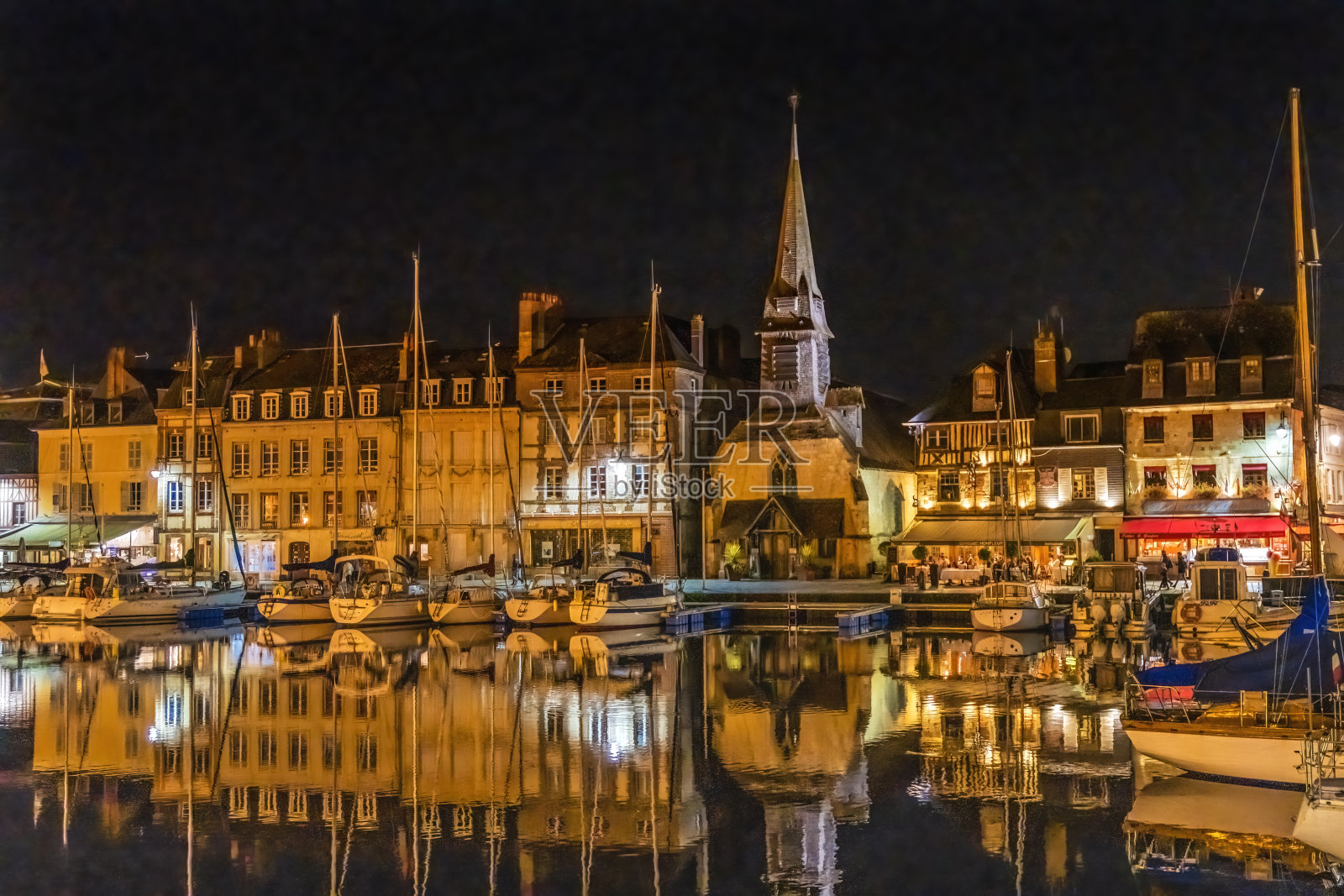 夜船码头倒影内港洪弗勒法国照片摄影图片