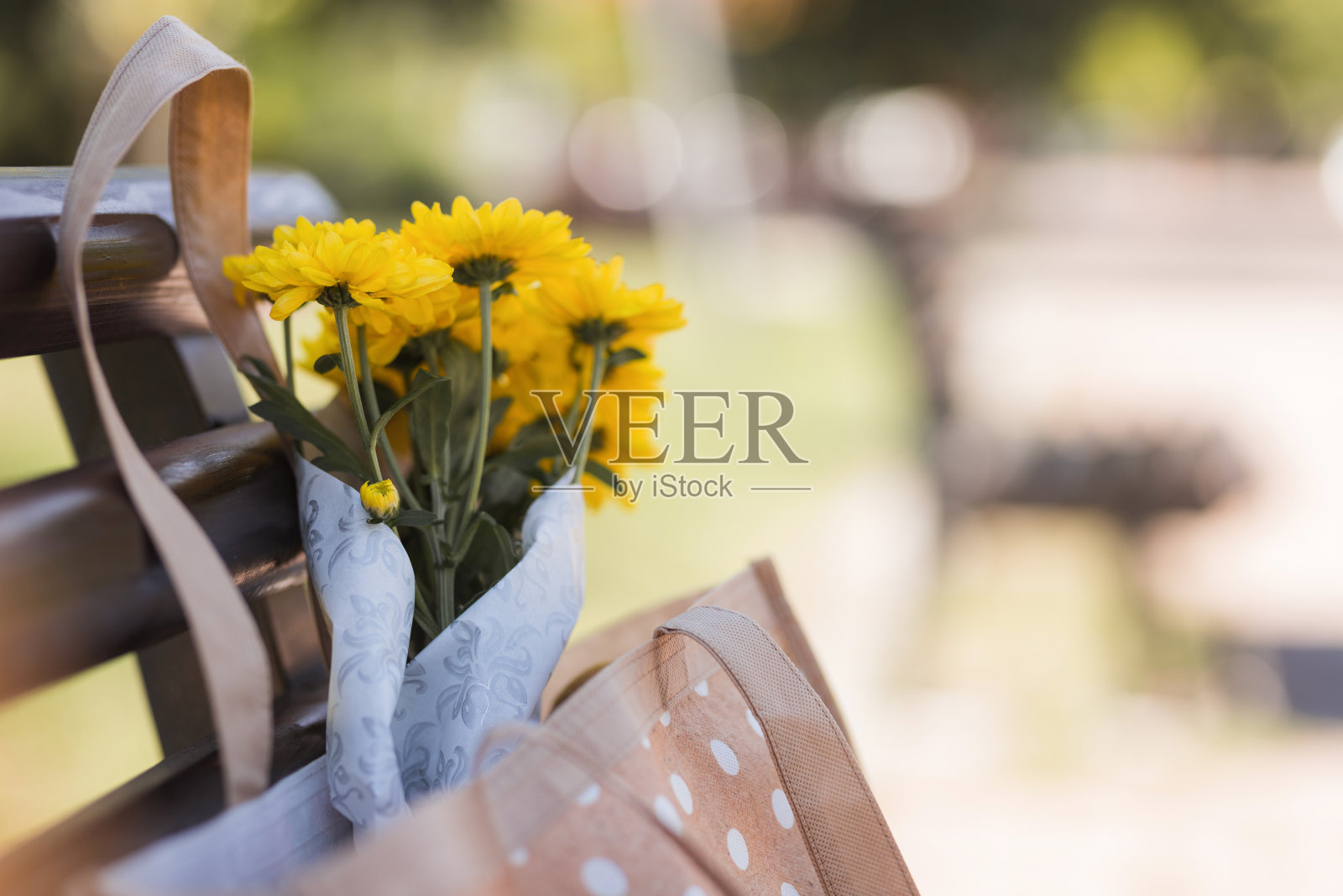 一束黄色的野花从公园长椅上的袋子里探出头来照片摄影图片