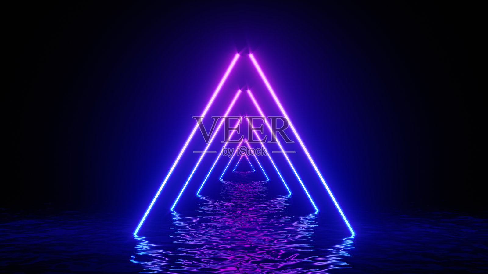 发光的霓虹灯三角形与倒影在水面。抽象的背景，波，紫外线，光谱鲜艳的颜色，激光显示。3 d渲染图照片摄影图片