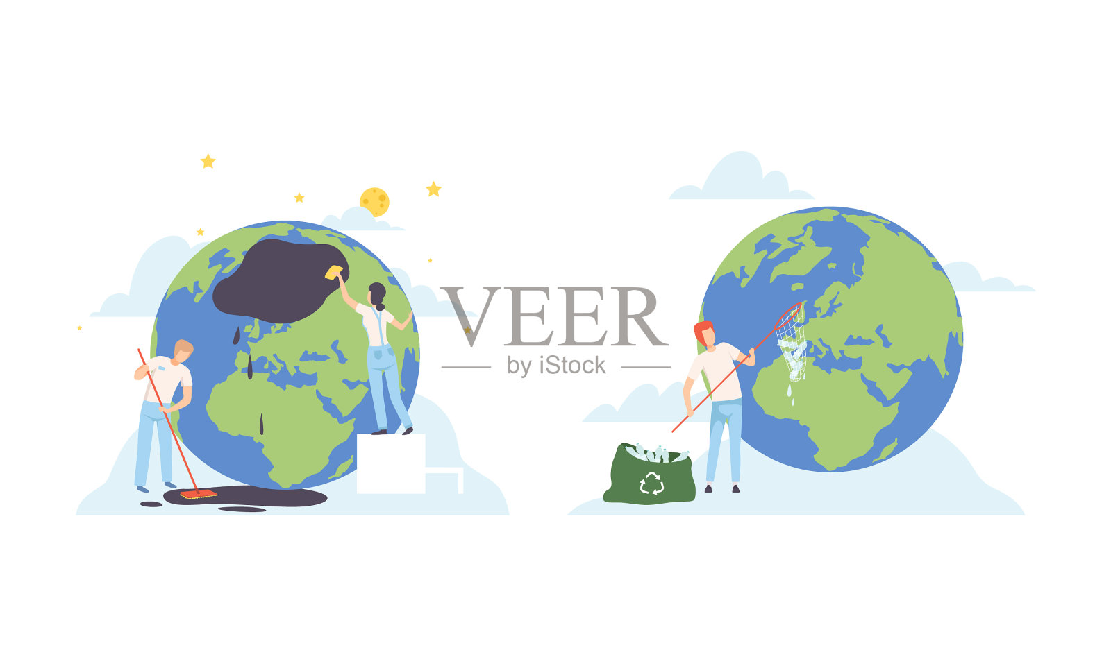 人们用抹布清洁地球星球的性格设计元素图片