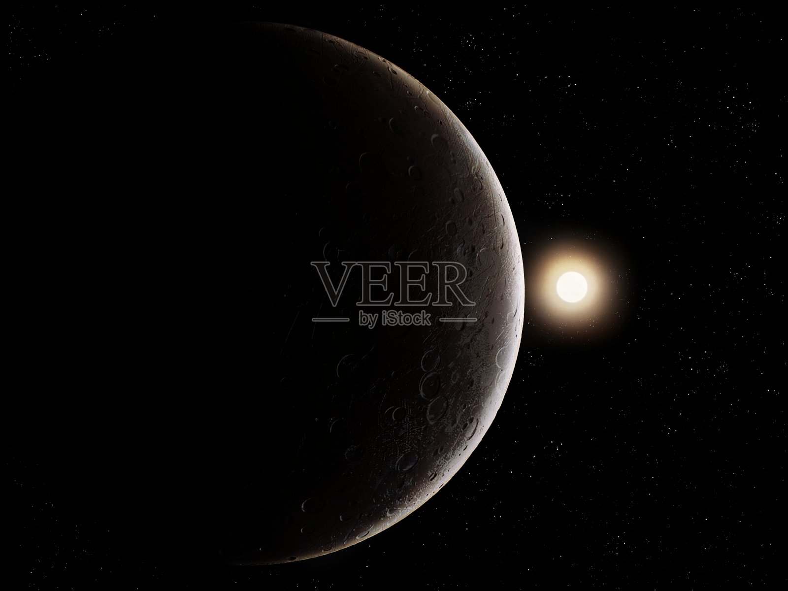 月亮在阴影中，太阳升起在地球表面。照片摄影图片