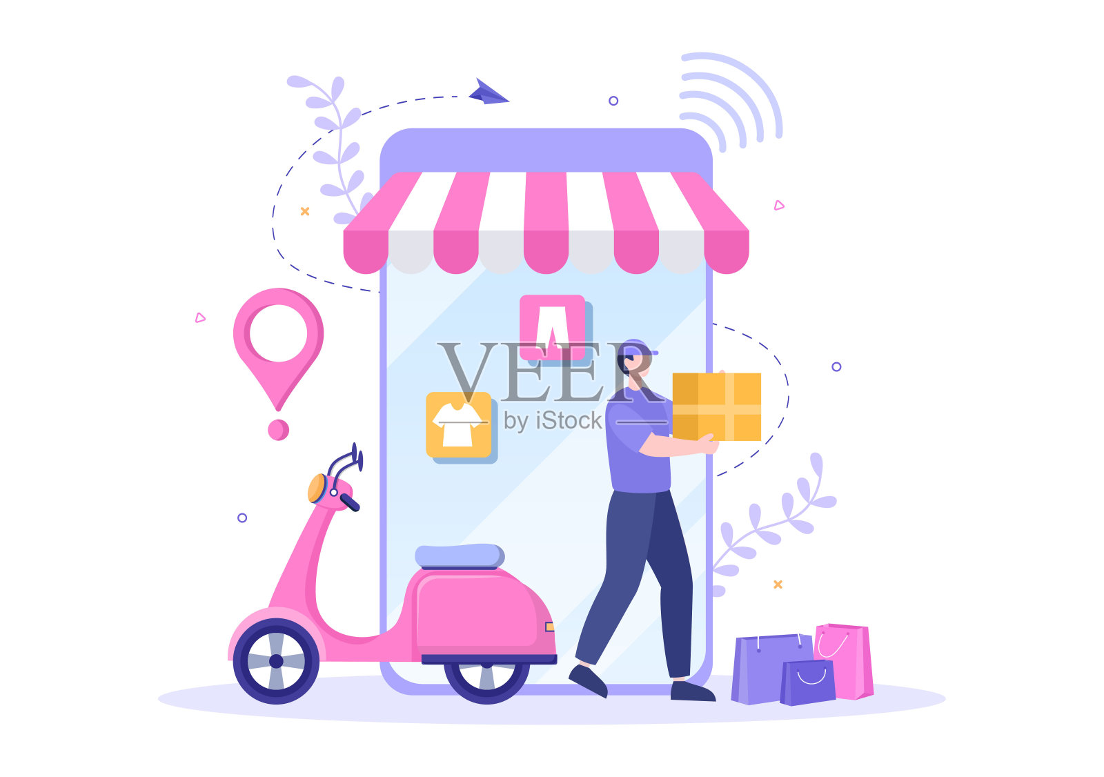 移动商店或网上购物在应用向量插图。数字营销推广，通过信用卡支付和购买海报插画图片素材