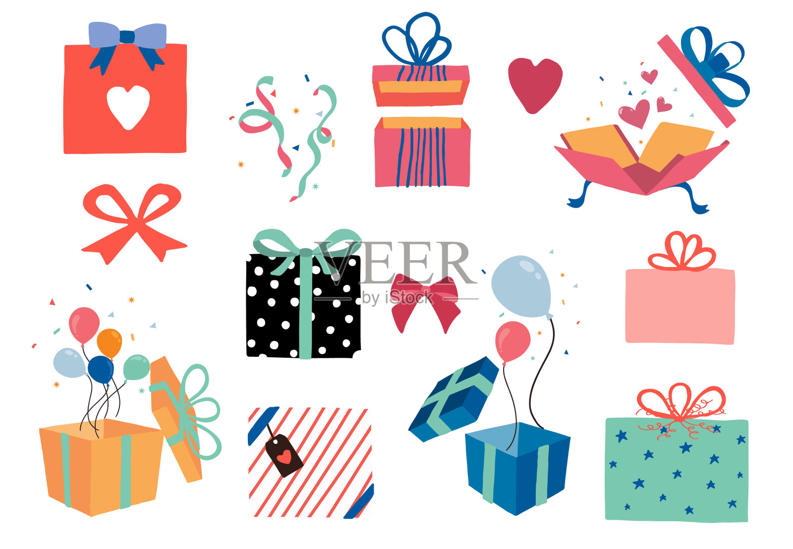 礼品盒对象收集与丝带。矢量插图图标，贴纸，可打印。可编辑元素插画图片素材