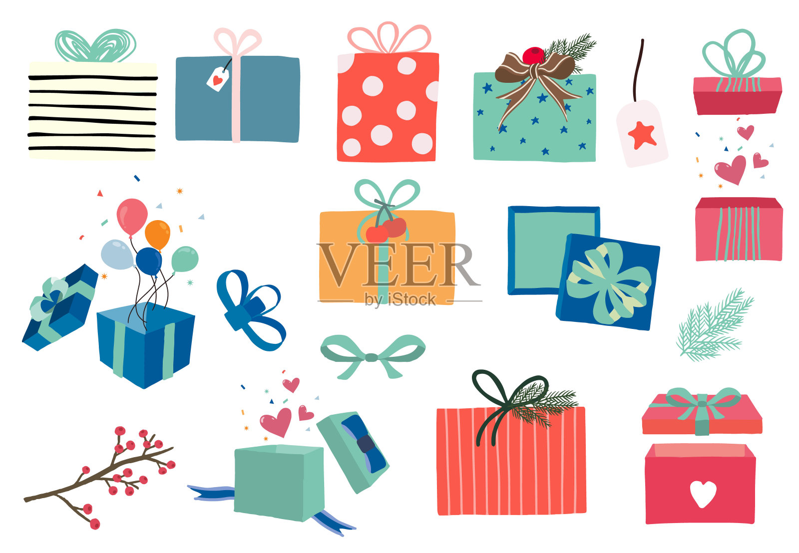 礼品盒对象收集与丝带。矢量插图图标，贴纸，可打印。可编辑元素插画图片素材