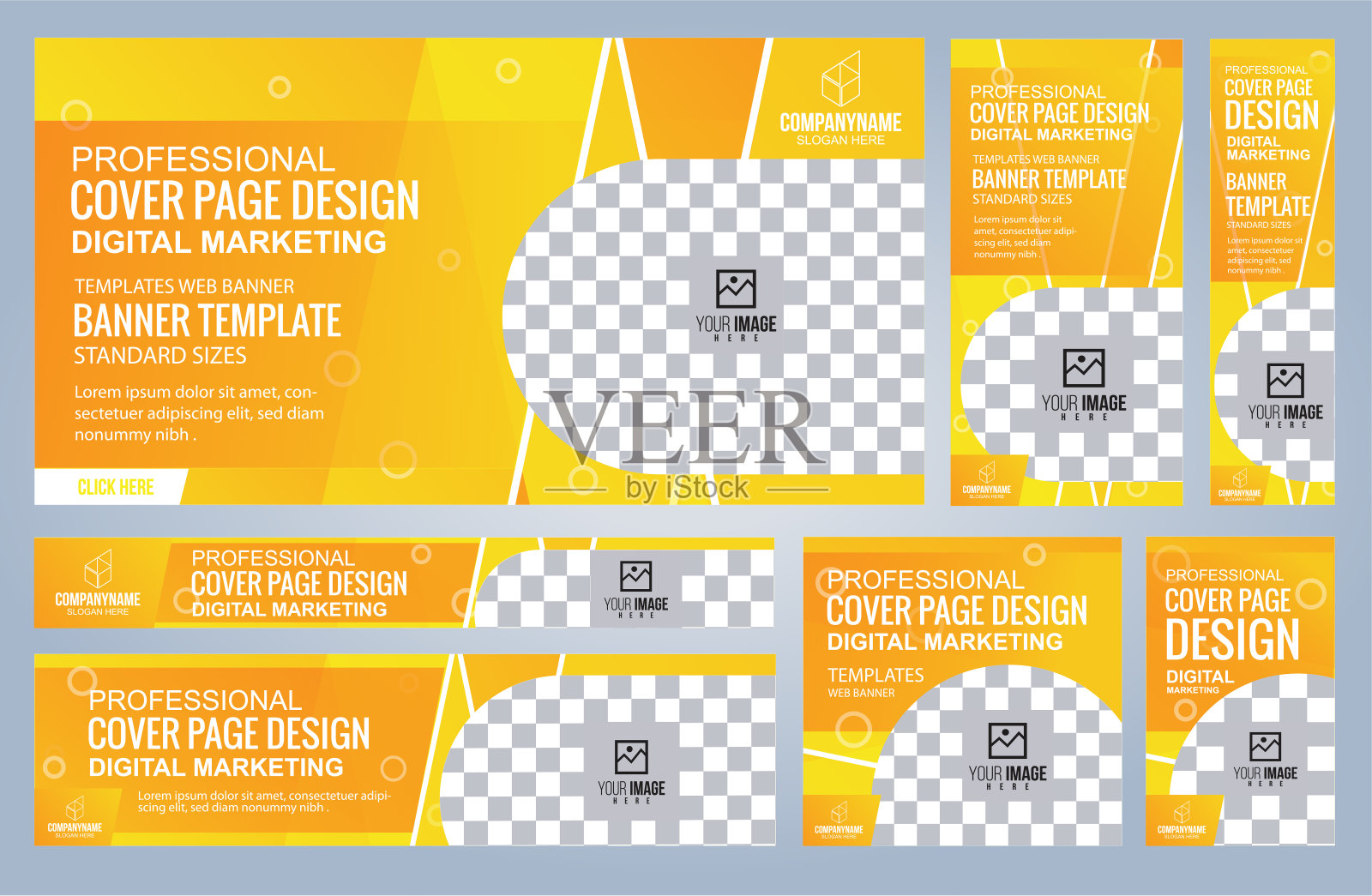套黄色和黑色的网页横幅模板，封面标准尺寸与空间。矢量图设计模板素材