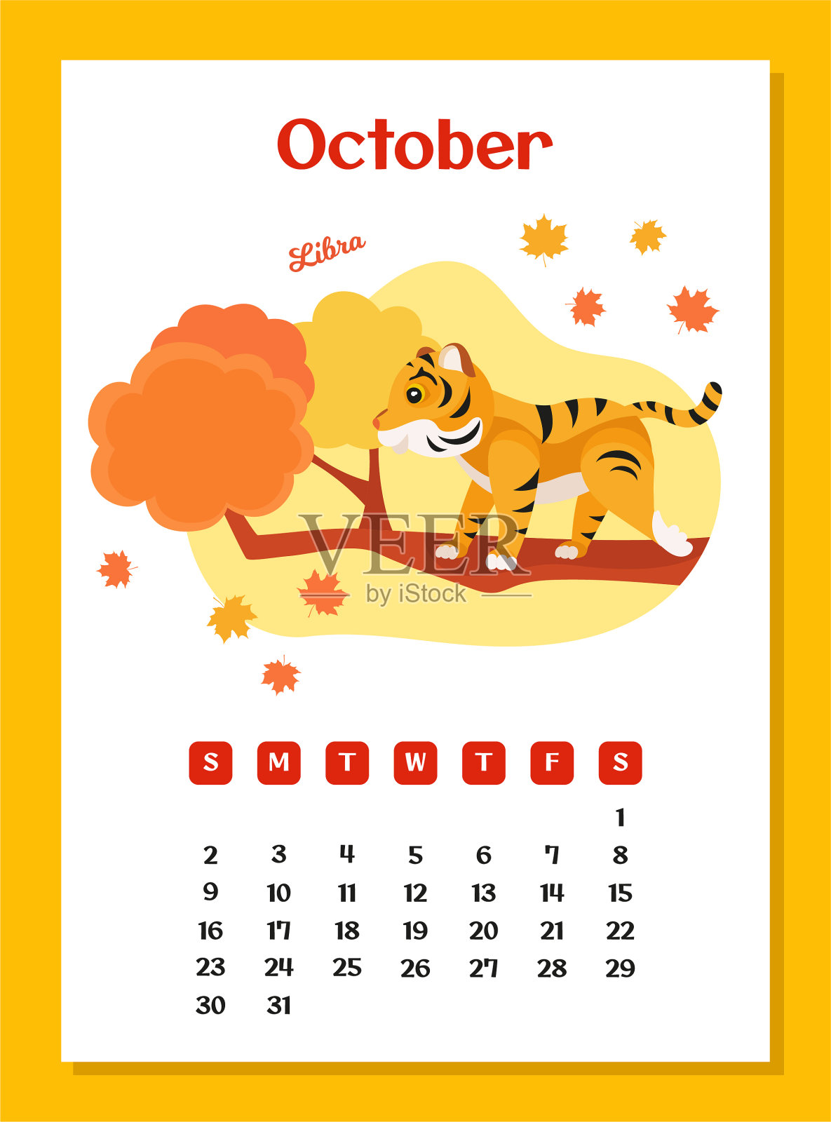 2022年十月日历设计与有趣的卡通老虎设计模板素材